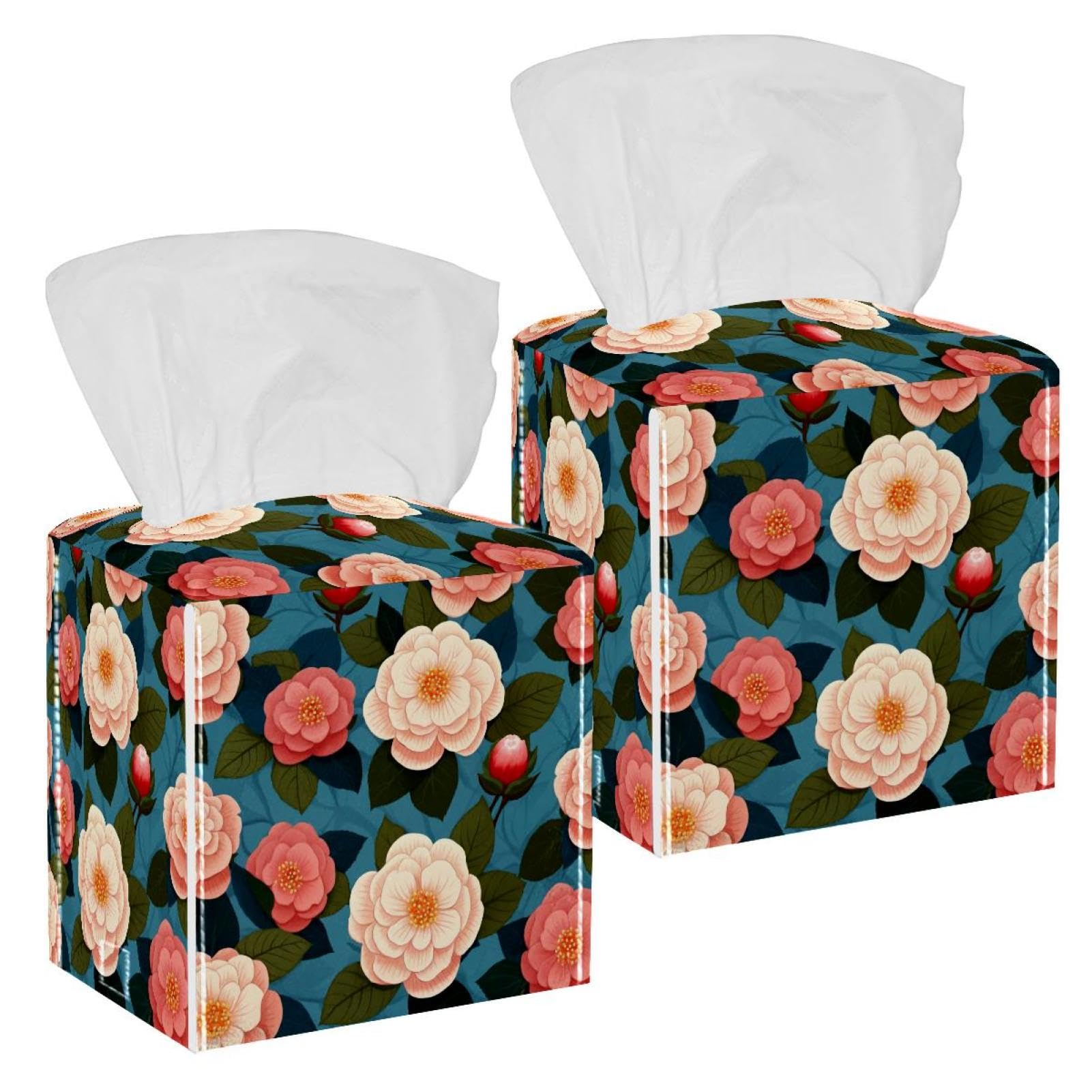 Camellia Pretty Tissue Box Cover, 2 Pack PU Leather Square Facial Tissue Dispenser Box holder for Home Office Car