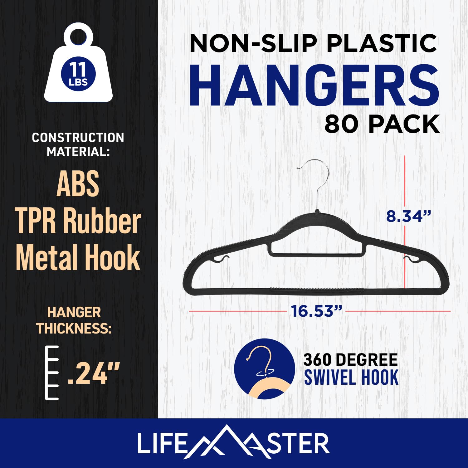 LifeMaster Lot de 80 cintres Robustes – Antidérapants, pivotants à 360°, Design Peu encombrant, Barre d'accessoires, Crochets intelligents, Noir