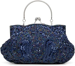 Simcat Beaded Sequin Flower Evening Clutch Bag - Large Capacity Purse with Detachable Wristlet for Weddings & Parties