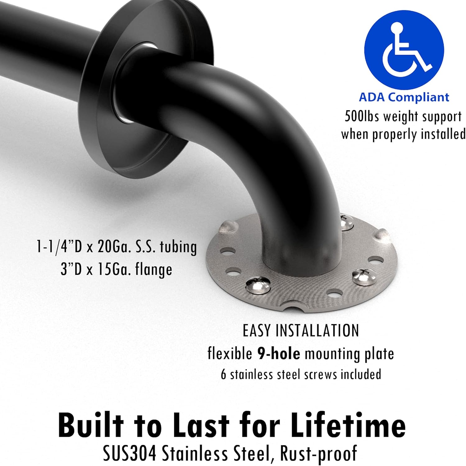 1-1/4 x 12" Stainless Steel Bath Safety Grab Bar, ADA Compliant Commercial Grade 500lbs Supporting, Matte Black, 2 Pack