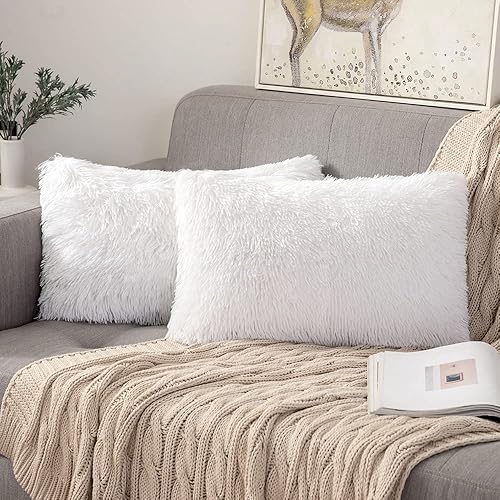 ANRODUO Paquete de 2 fundas de almohada blancas de lujo, mullidas, de piel sintética, decorativas, de felpa, estilo merin mongol para cama, sofá,