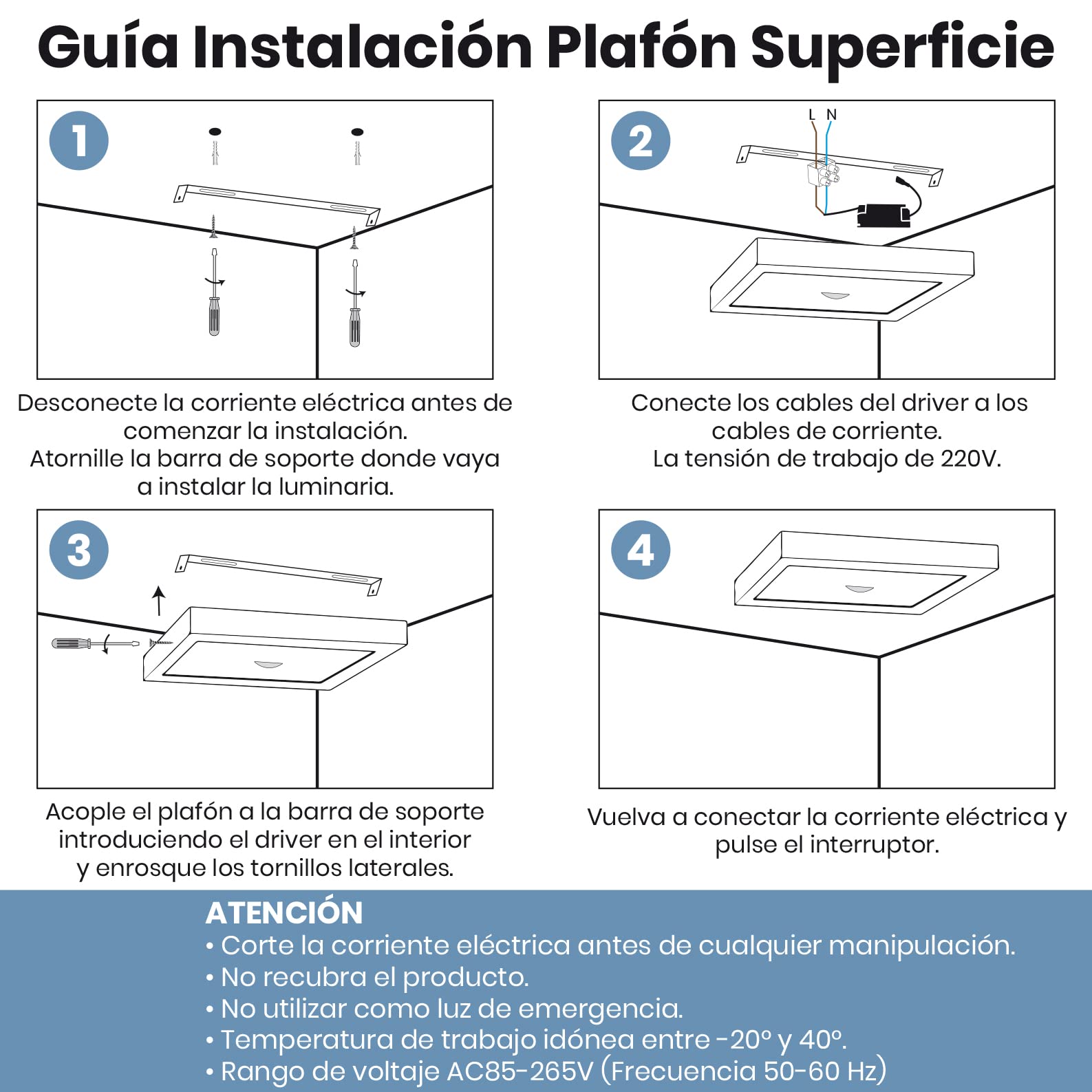 LED ATOMANT 5x Plafon LED Cuadrado Superficie 220mm 20W Luz Fria con Sensor