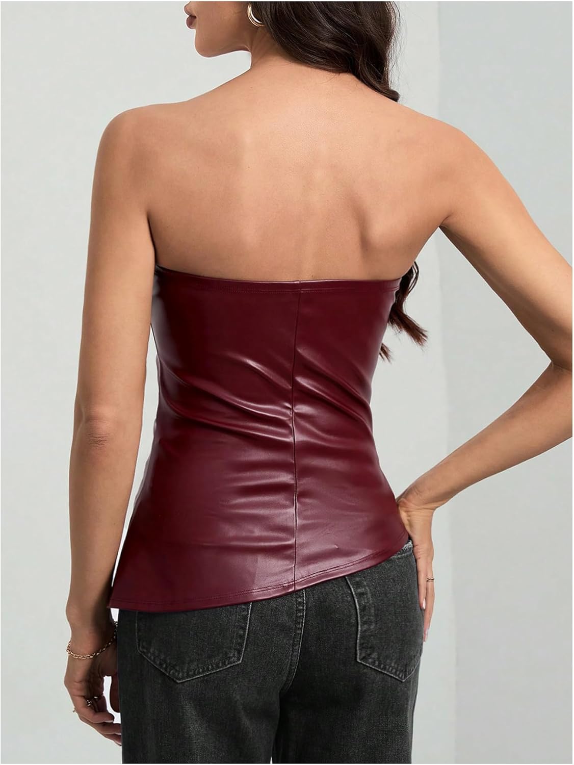 Milumia Women's PU Faux Leather Ruched Tube Top Strapless Asymmetrical Hem Crop Going Out Tops - Image 2