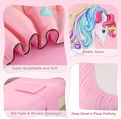 Vista 5 de Wowelife Juego de ropa de cama de unicornio para niñas pequeñas, juego de sábanas de 4 piezas para niños pequeños, juego de edredón rosa para niños
