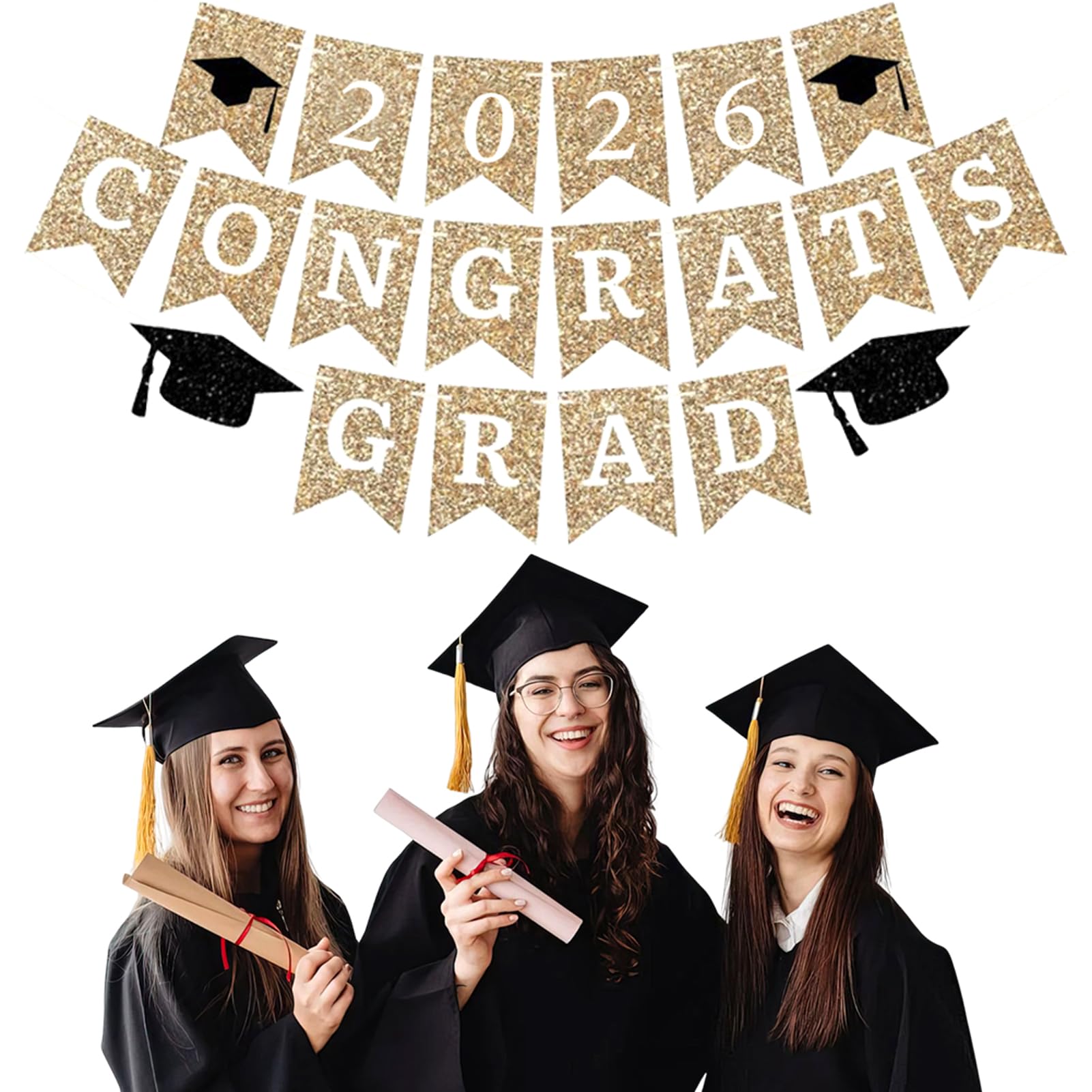 Photo 1 of 2026 Graduation Congrats Banner Set, No DIY Gold Glitter Graduation Party Banner, Pre-Strung 6FT Gold Garland Banners with Small Punch Design (Congrats + Grad Cap + 2026 Banner)