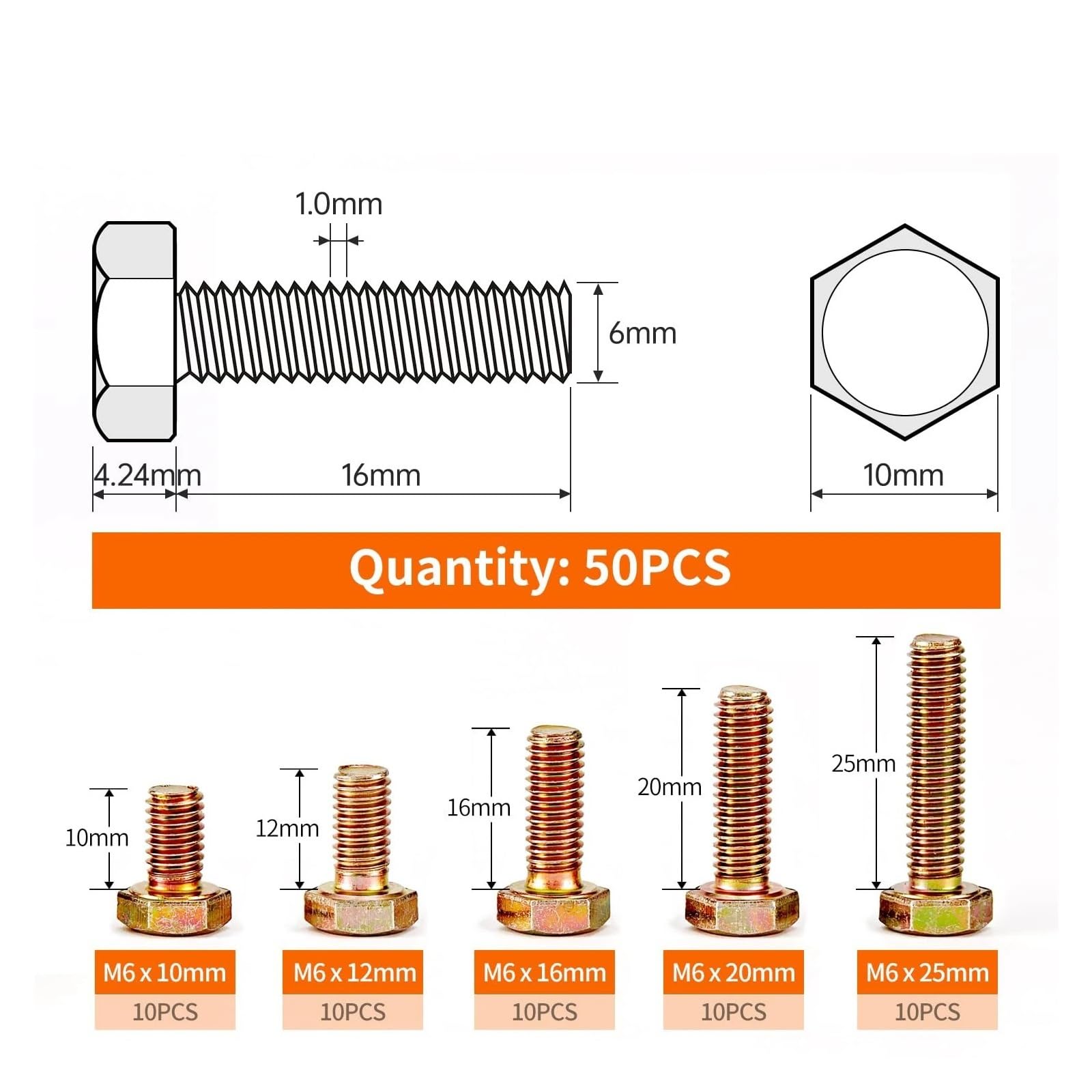 50 Pernos Hexagonales M6, 10-25 Mm 8,8
