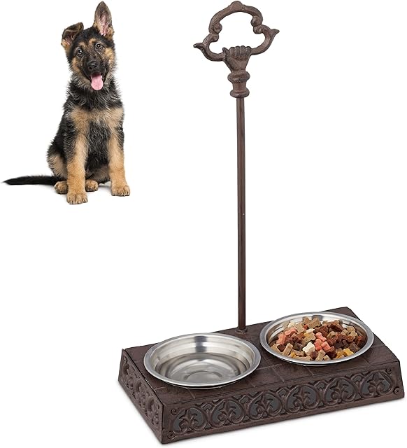Relaxdays Cast Iron Pet Feeding Station for Cats & Dogs, Antique Style, Handle, 2 Stainless Steel Bowls, Dark Brown, 1 Item