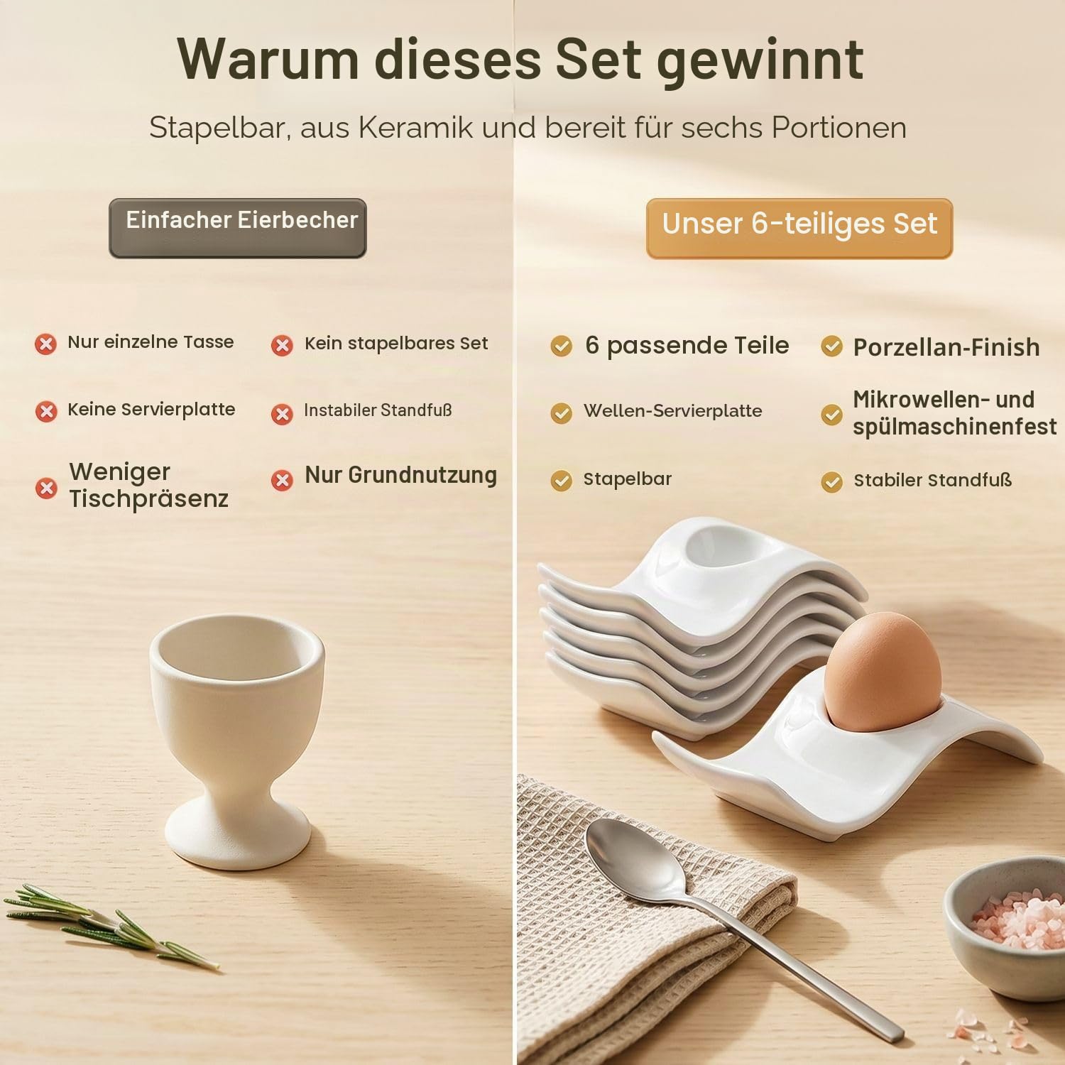 Flexzion Eierbecher für weichgekochte Eier – 6er-Set Keramik-Eierhalter – stapelbare Eierbecher mit Sockel zum Servieren, Frühstück & Brunch – Tischdeko, Wellen