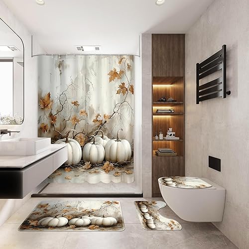 Miniatura 16 de MEHOFOND Juego de 4 piezas de ducha de calabaza para baño, otoño, día de Acción de Gracias, cortina de ducha, alfombra, cubierta de tapa de inodoro