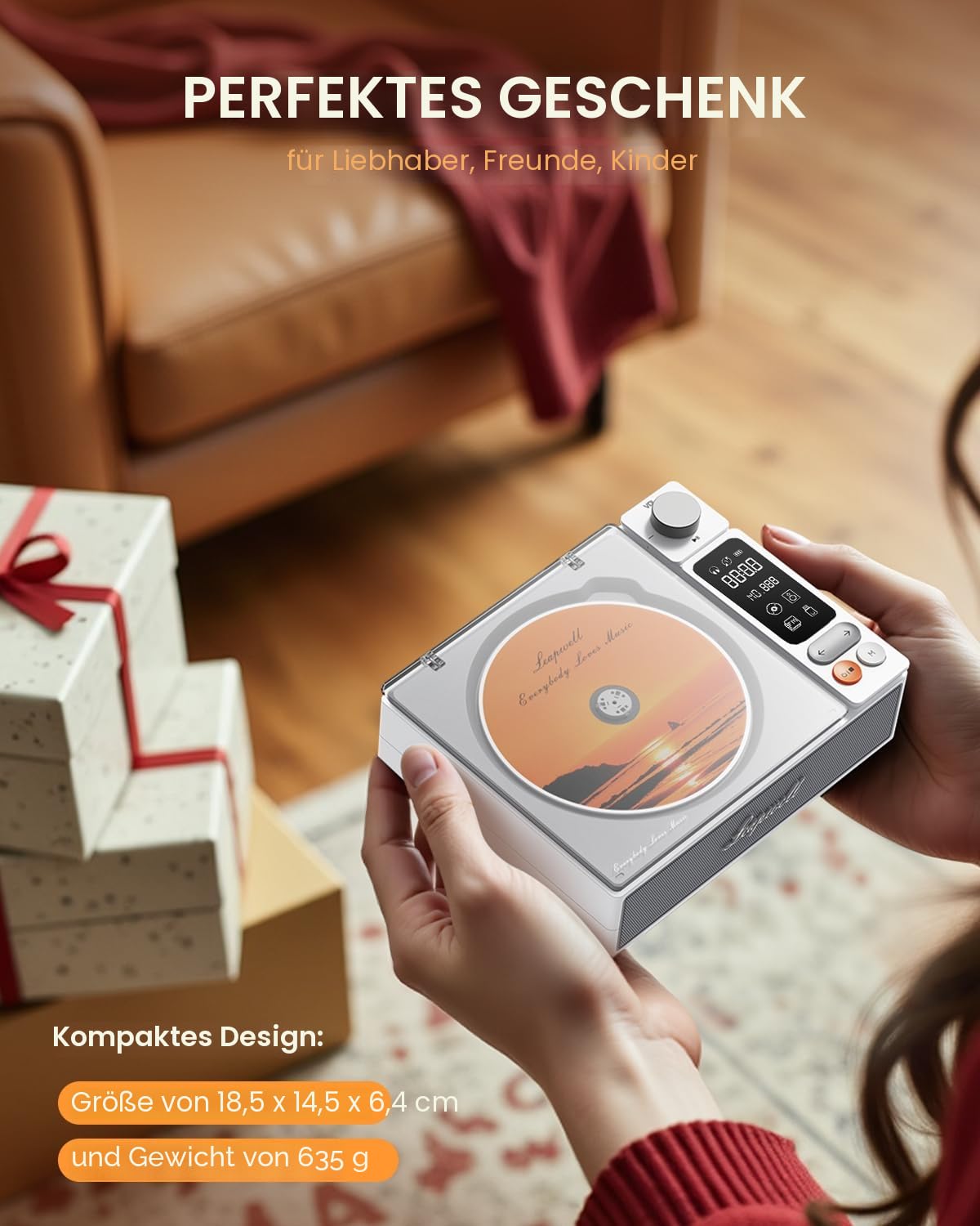CD Player Tragbar, Leapwell Tragbarer CD Player mit Lautsprecher Bluetooth CD-Player mit Fernbedienung Kinder Mini CD Spieler Anti Skip mit AUX Optisch USB LCD Bildschirm Weiß