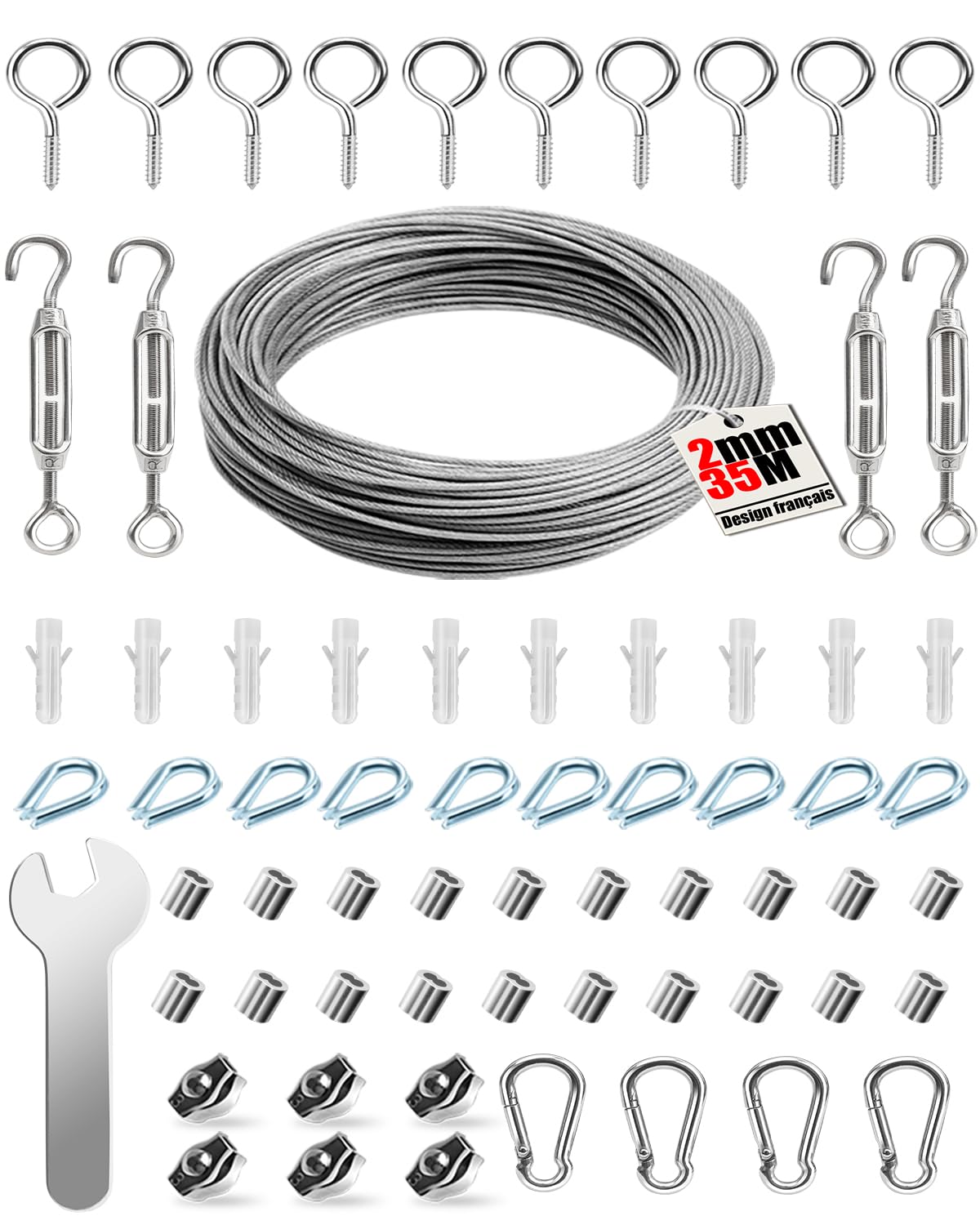 ovsor Kit Câble Acier Inoxydable 2 mm x 35 m 65 Pièces | Câble inox 304 résistant avec tendeur, idéal pour plantes grimpantes, corde à linge, tentes et suspensions de luminaires.
