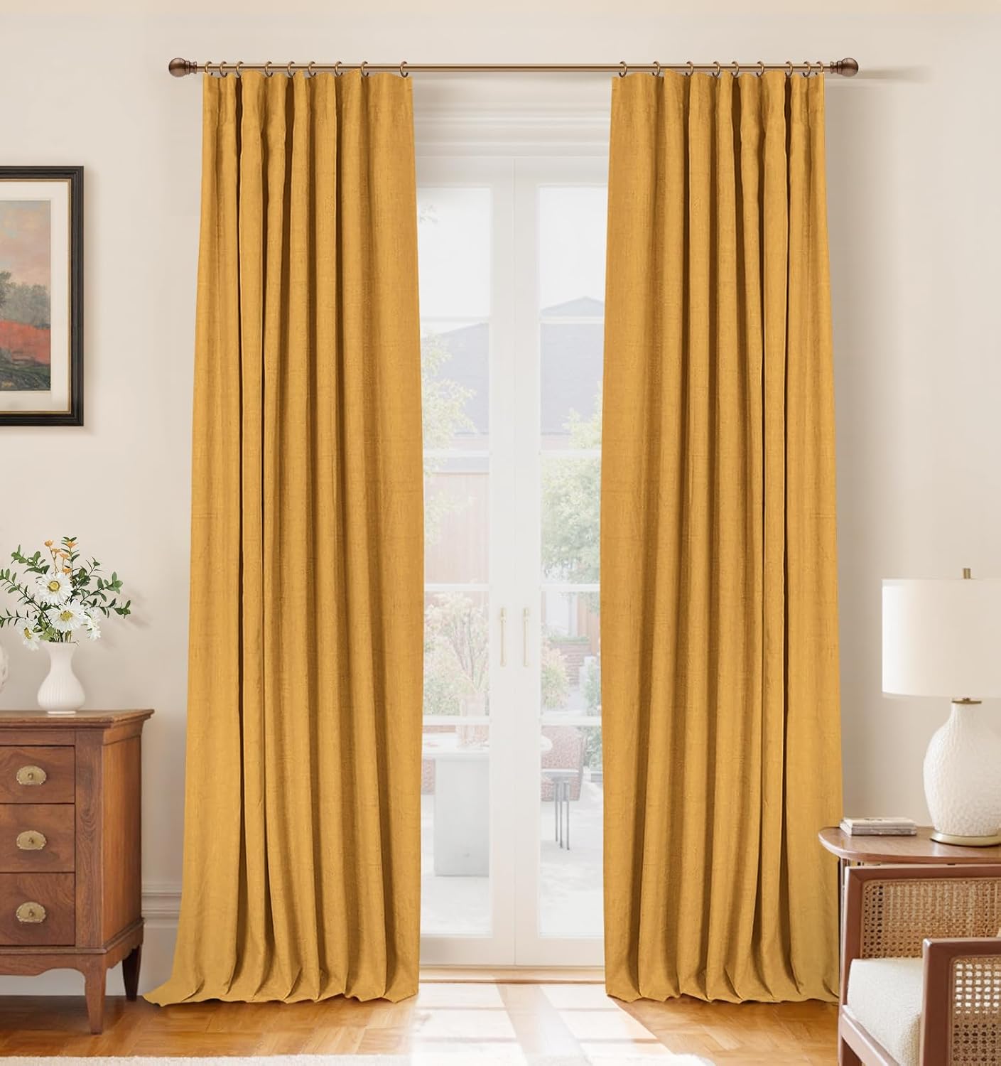 INOVADAY 100% Blackout Curtains for Bedroom, Black Out Curtains 96 Inch Long, Clip Rings Linen Blackout Drapes, Thermal Insulated Room Darkening for Living Room, 2 Panels - Mustard Yellow,W50xL96
