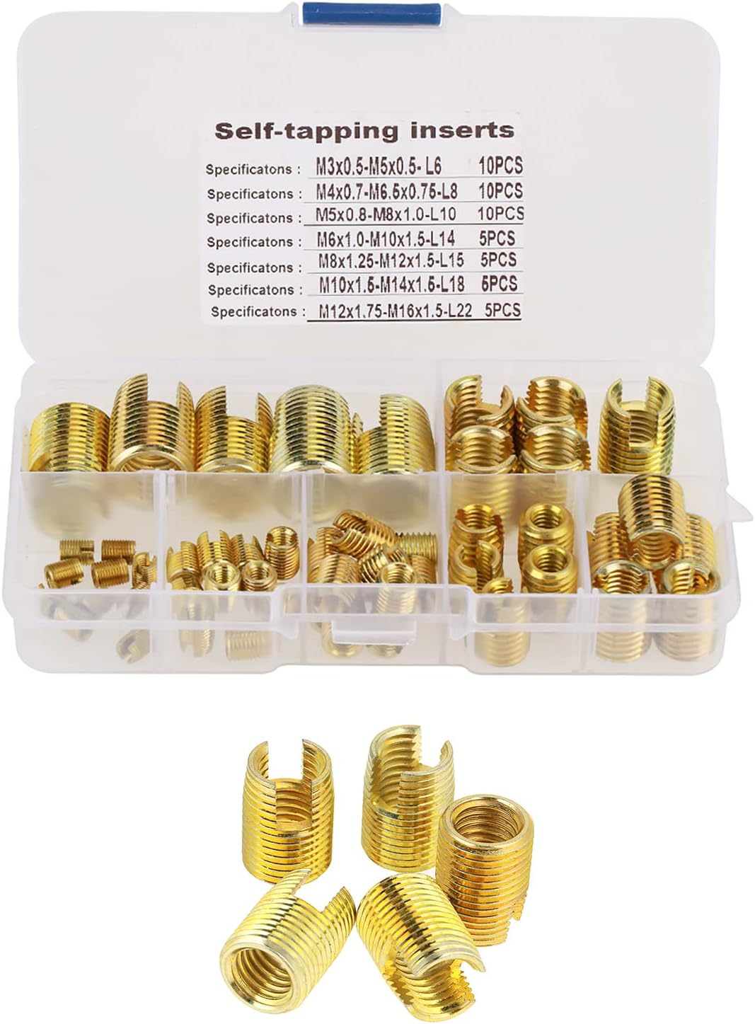 CHICIRIS 50Pcs Brass Self Tapping Thread Inserts, Slotted Repair Tool Set with Strong Pull, for Metal and Plastics Processing Industry