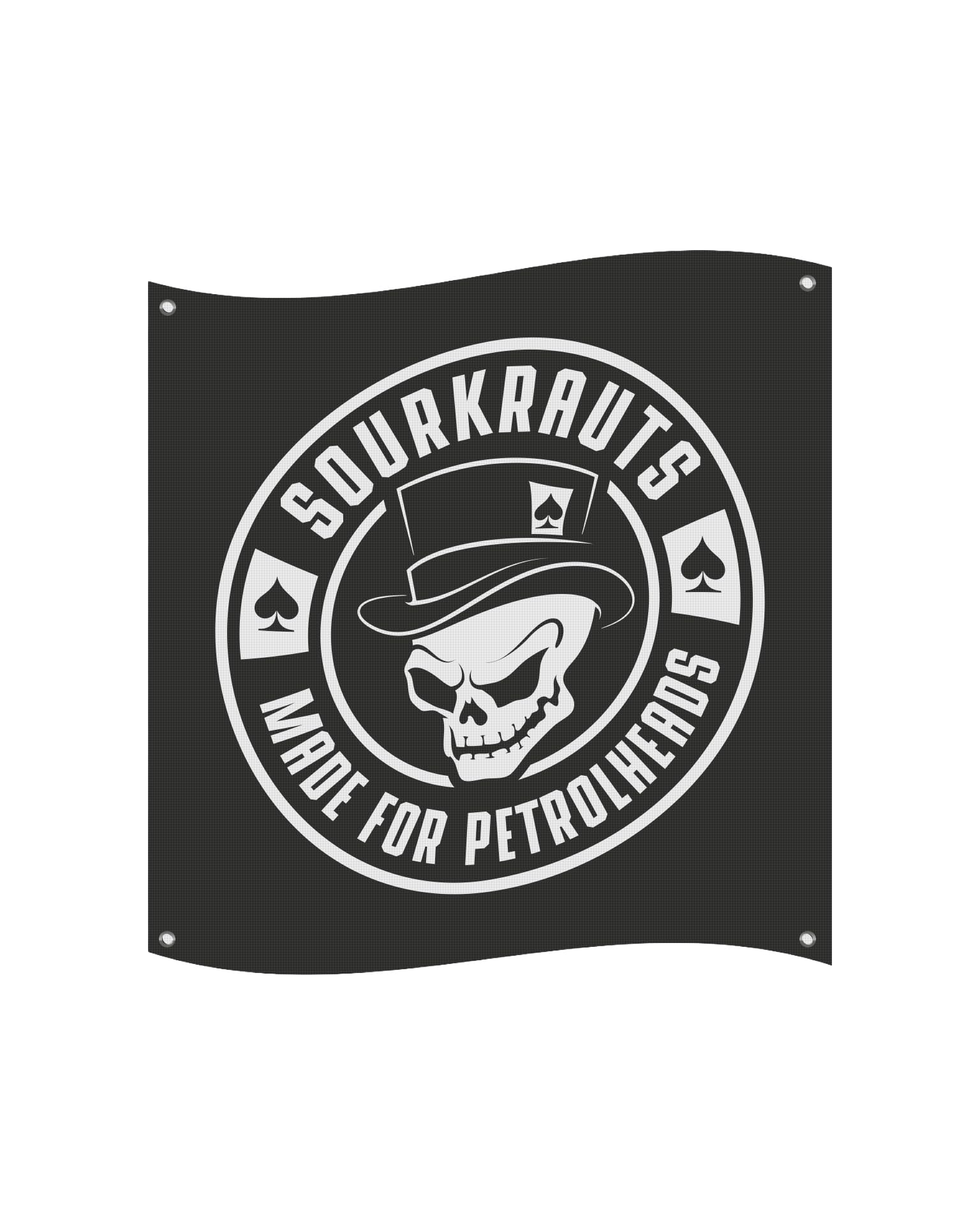 SOURKRAUTS Banner SK II im Schwarz-Weiß Design mit Totenkopf-Motiv in 1 × 1 m – Robustes Garagen- & Werkstattbanner aus 500 g LKW-Plane für Street- & Petrolhead-Lifestyle