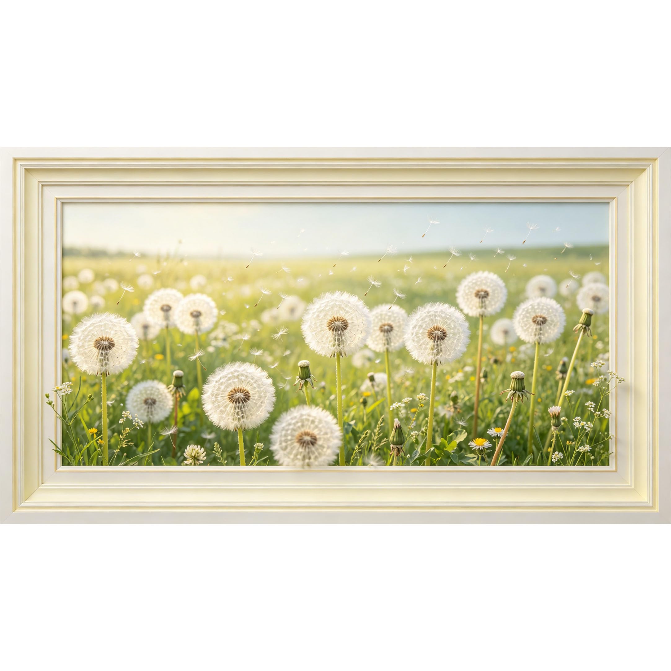 QZLITHOTIC 50×90cm3D Framed Wall Art， Dandelion Flower Field Botanical Landscape Self?Adhesive Mural， Water?Activated Peel & Stick Fabric Decor Wall Decal for Bedroom Living Room