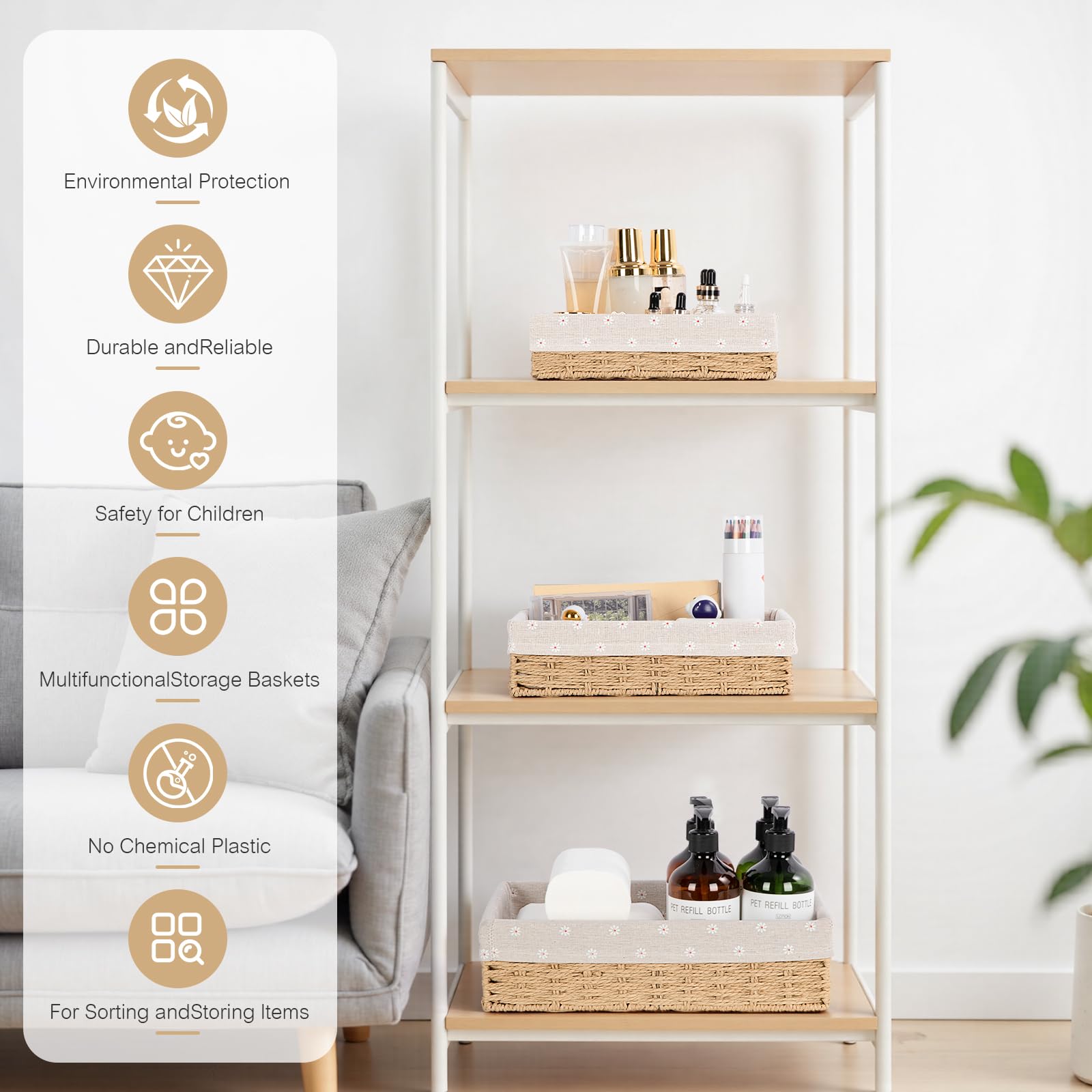 FoiiLiio Lot de 3 Panier Rangement, Paniers de Rangement Tressés, Paniers et boîtes de Rangement, Corbeille Rangement pour Salle de Bain, Cuisine, Organisateur Table a Langer Bebe (Beige)