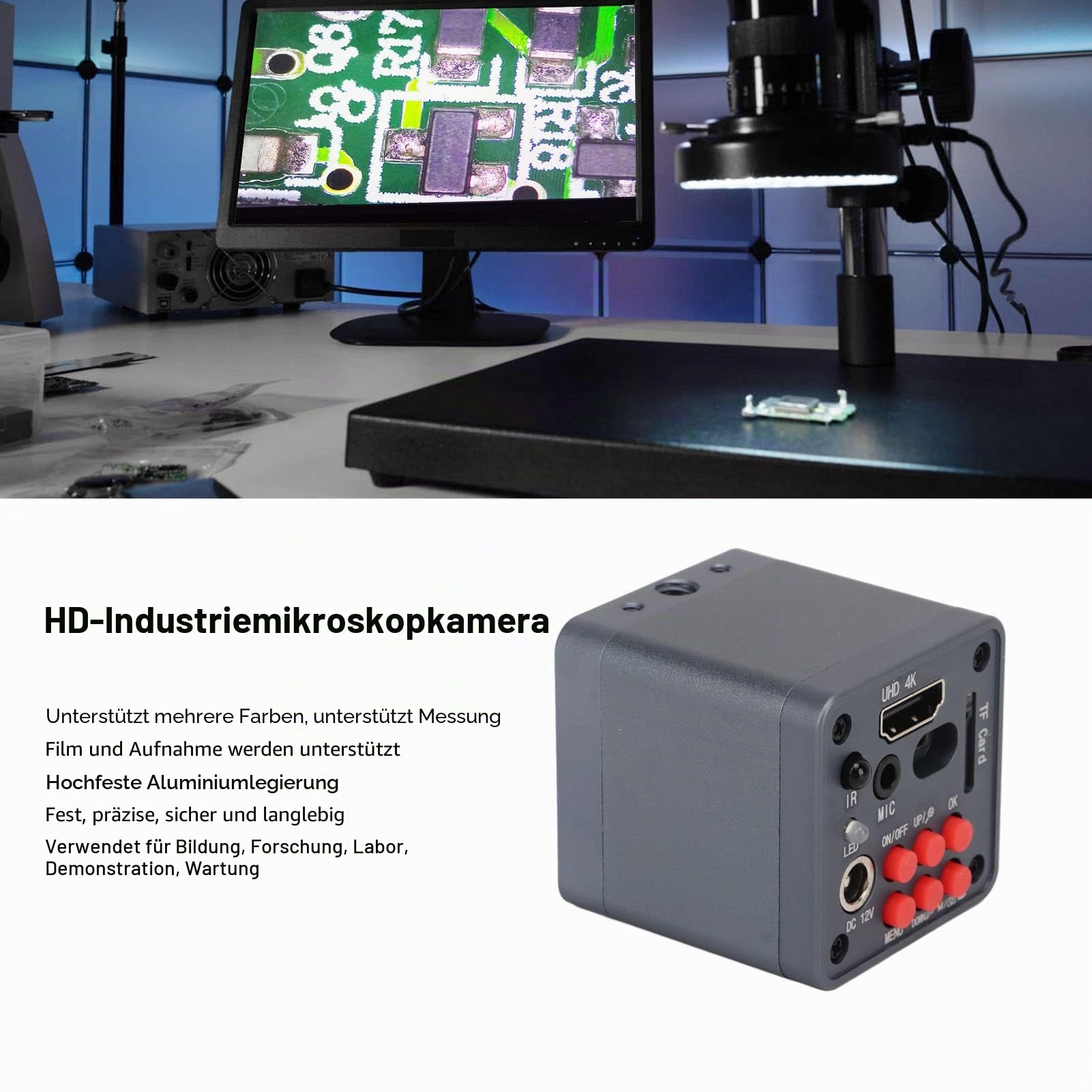 Industrielle Mikroskopkamera, 41MP 4K 2160P 1080P HDMI USB Digitale Videomikroskopkamera mit C-Mount-Adapterobjektiv Tragbares Mikroskop, Kompatibel mit Windows für Leiterplatten