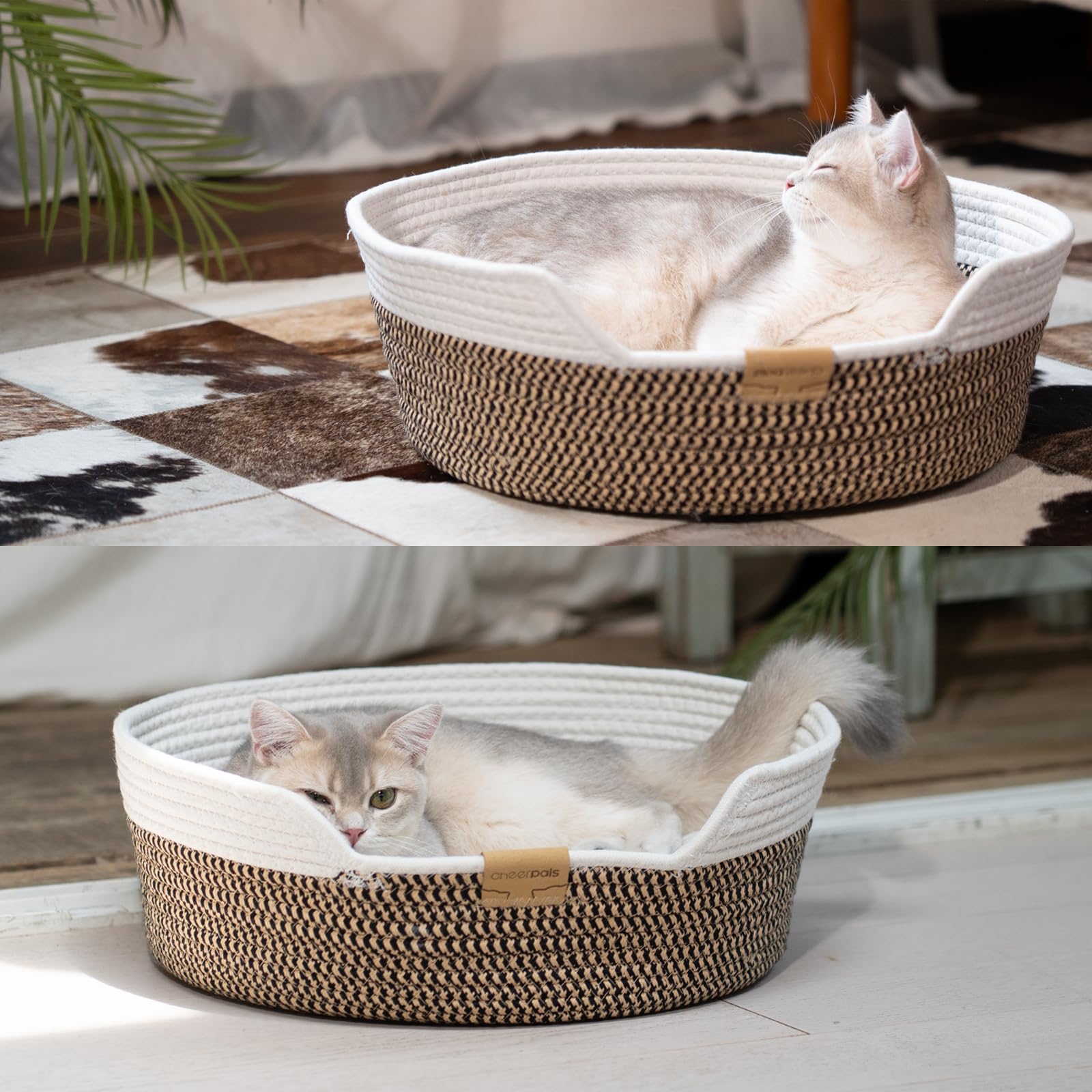 CheerPals Panier Chat Tressé en Corde, Lit pour Chat Respirant au Design Artisanal, Panier Rond et Douillet pour Toutes Saisons, Style Nordique, 47x47x15 cm