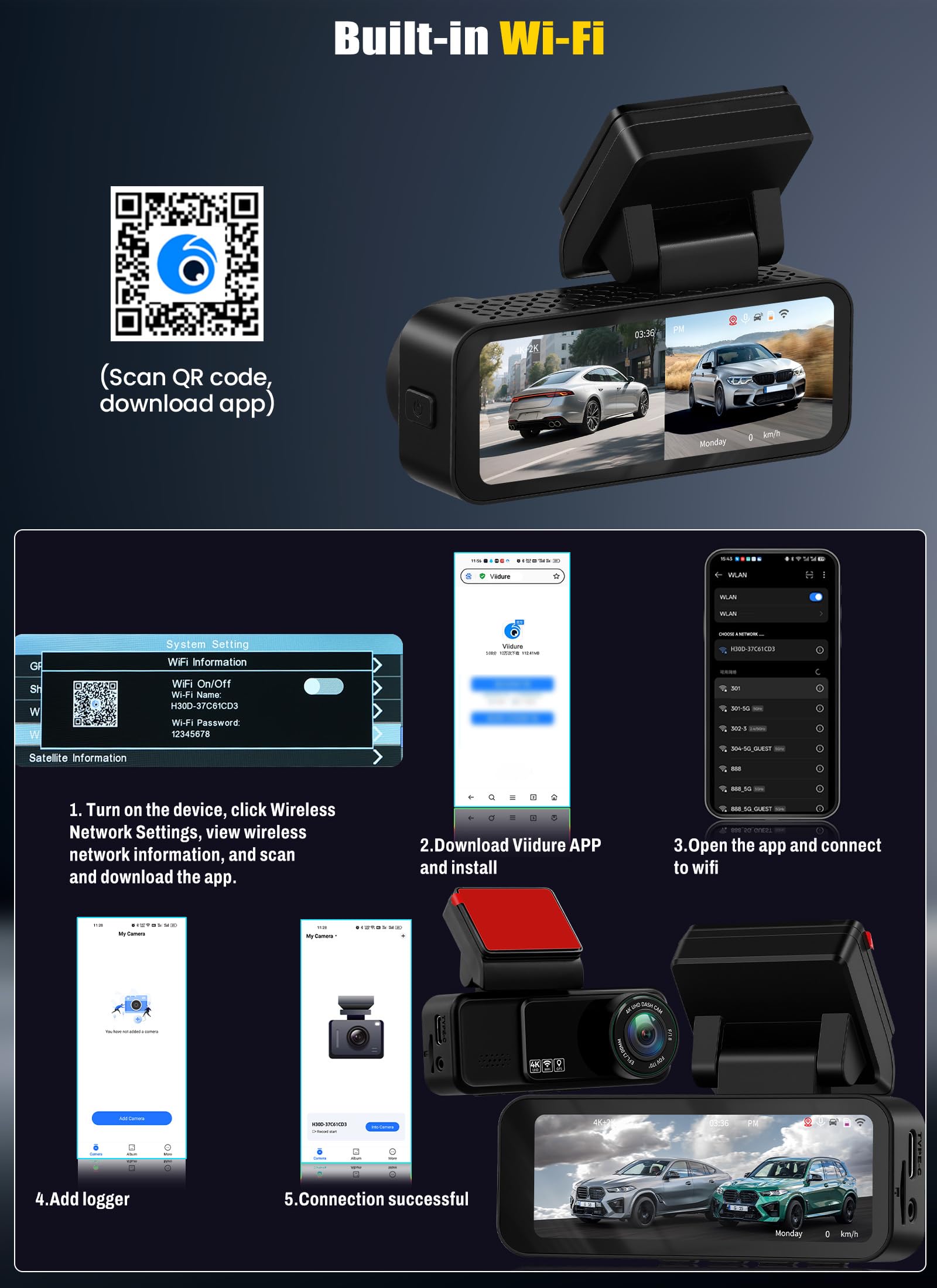 Dashcam 4K Anteriore e posteriore per auto, videocamera per auto 4K+2K FHD, videocamera per auto con GPS, ADAS, APP, Grandangolo 150°, visione notturna, sensore G, registrazione in loop