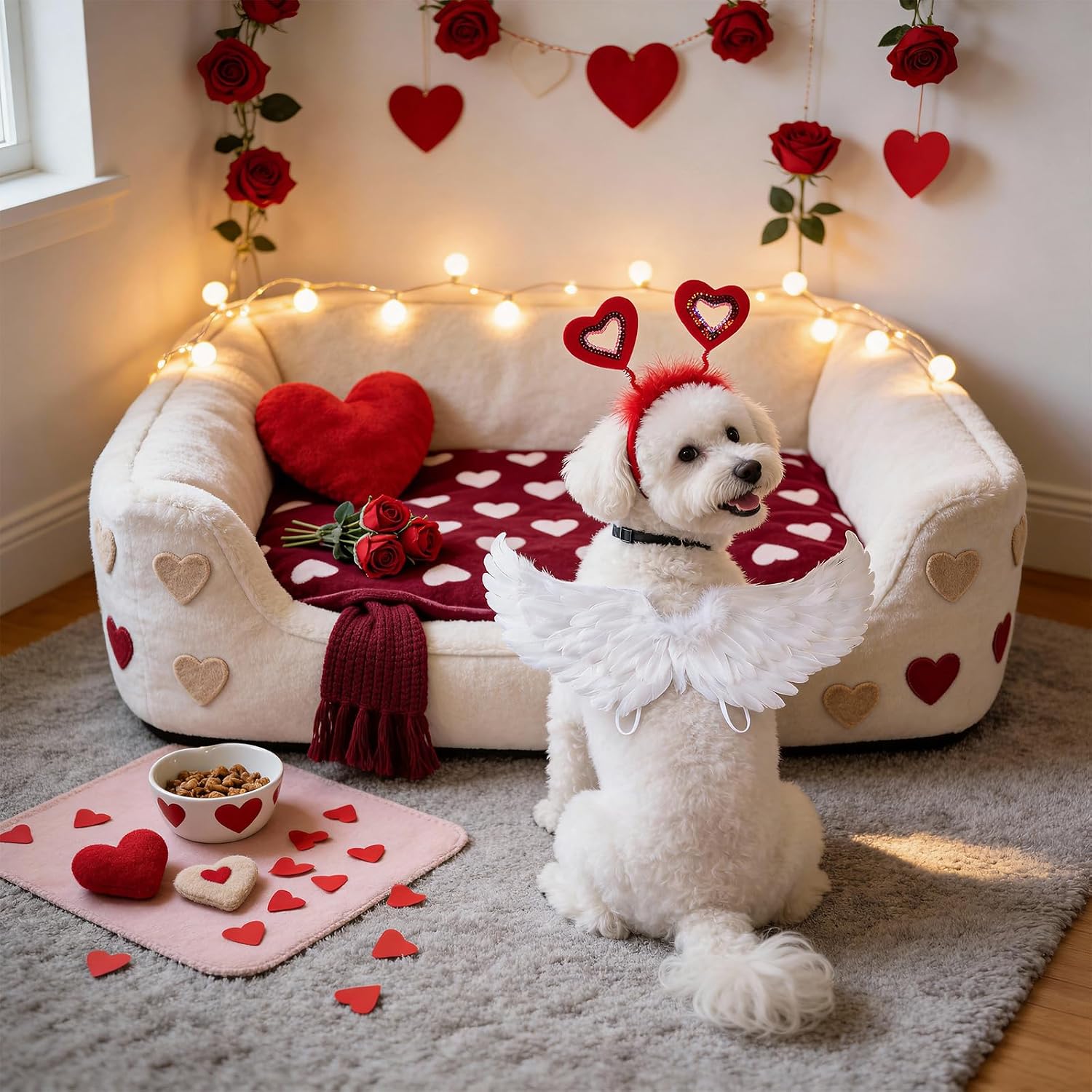 Dog Feather Wings Costume with Heart Headband for Valentine's Day Outfit Cute Pet Costume Set for Medium Large Dogs Cats Puppy