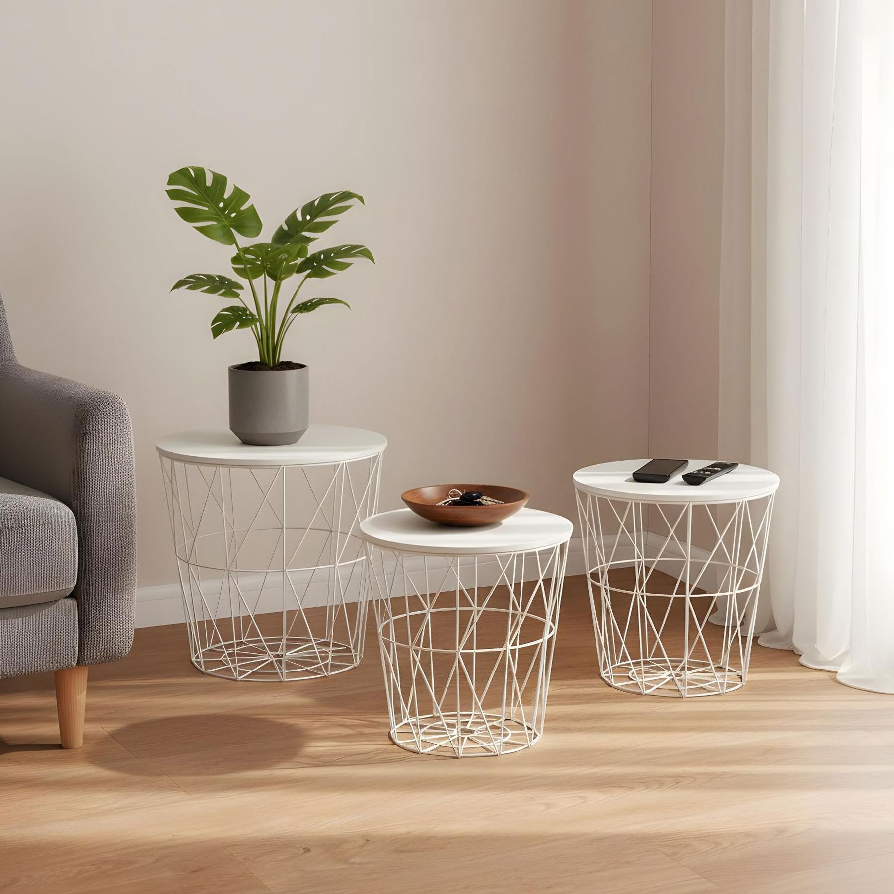 levandeo 3er Set Beistelltisch Metall Metallkorb Drahtkorb Weiß Couchtisch Deckel Aufbewahrung Design Deko Tisch
