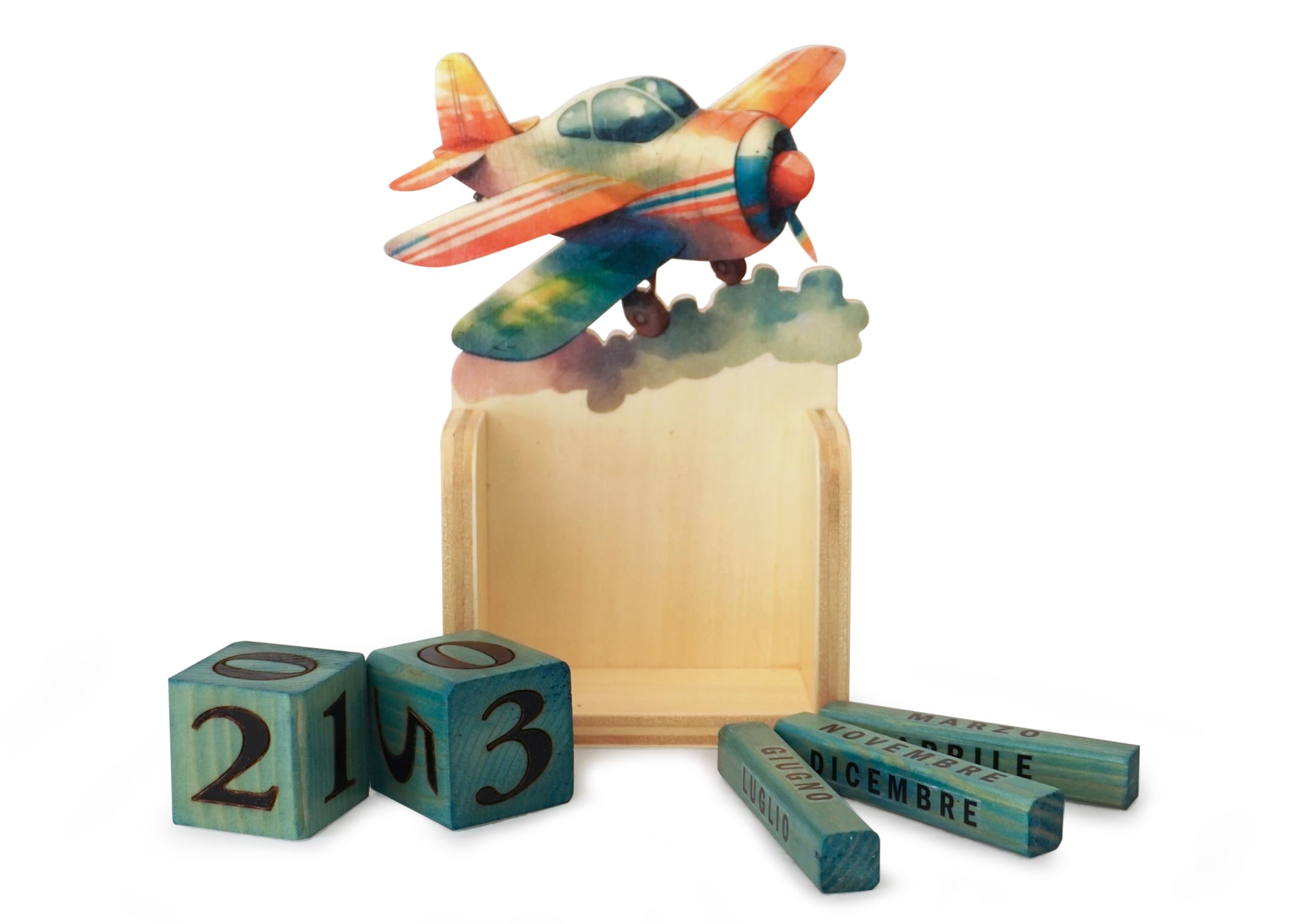 Generico Calendario da Parete in Legno per Bambini con Aeroplano colorato – Calendario Fatto a Mano