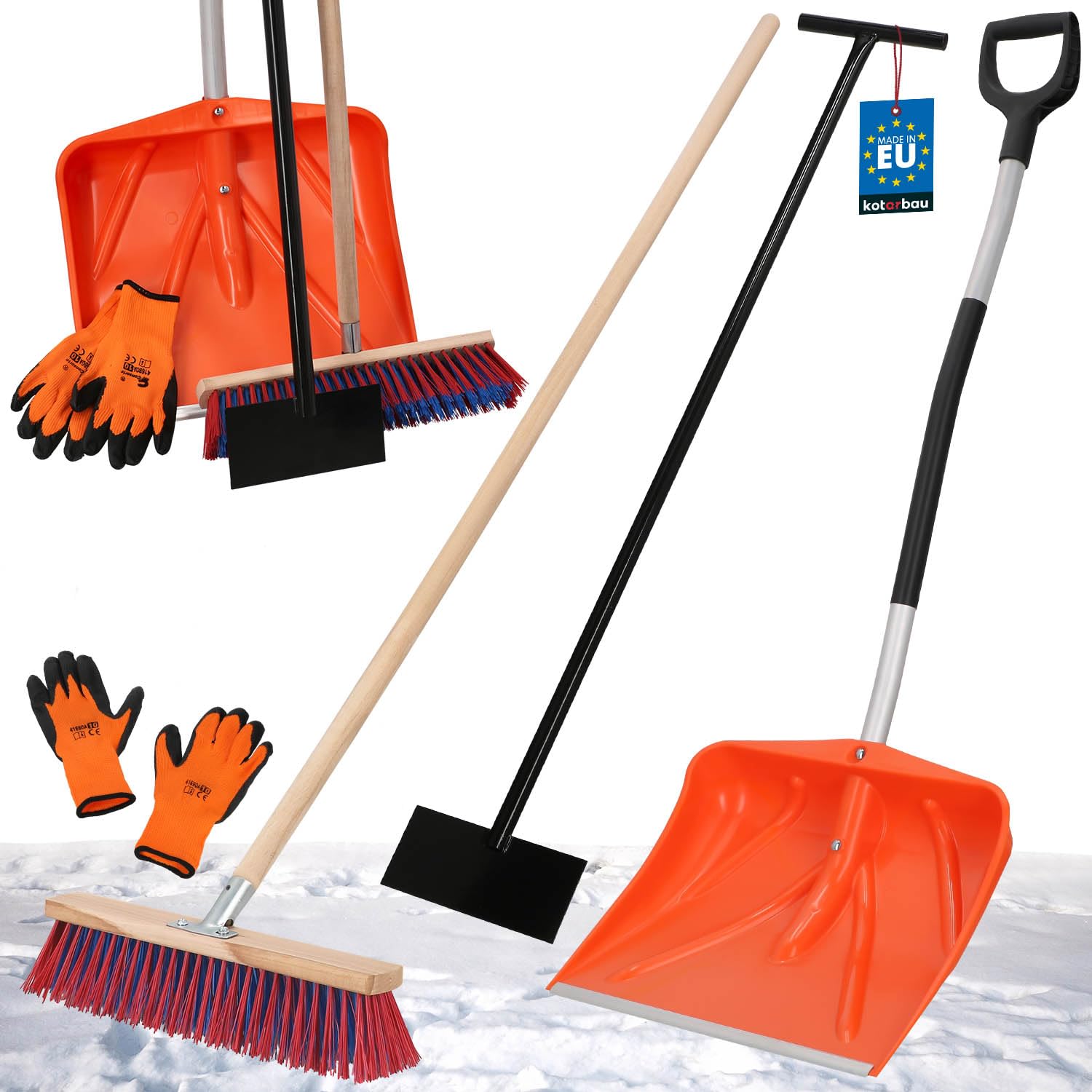 KOTARBAU® Set pala da neve con manico in alluminio, 137 cm, scopa da strada con manico 150 cm, raschietto per ghiaccio 119 x 20 cm + guanti pala da neve, pala da neve, manico in alluminio per la