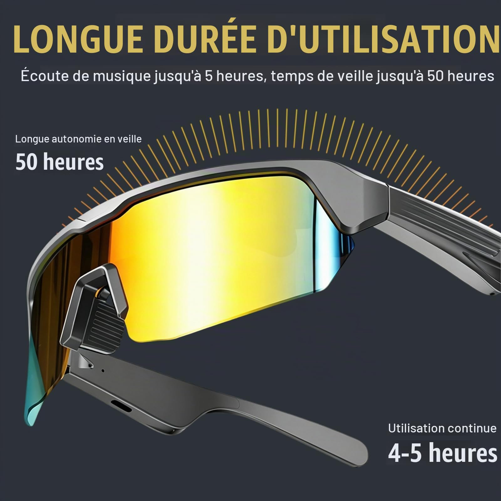 Lunettes de Soleil Bluetooth Intelligentes, Lunette Protection de Cyclisme, Réponse en un Clic, Protection UV, Navigation Vocale, pour Homme et Femme, Cyclisme, Course, Ski