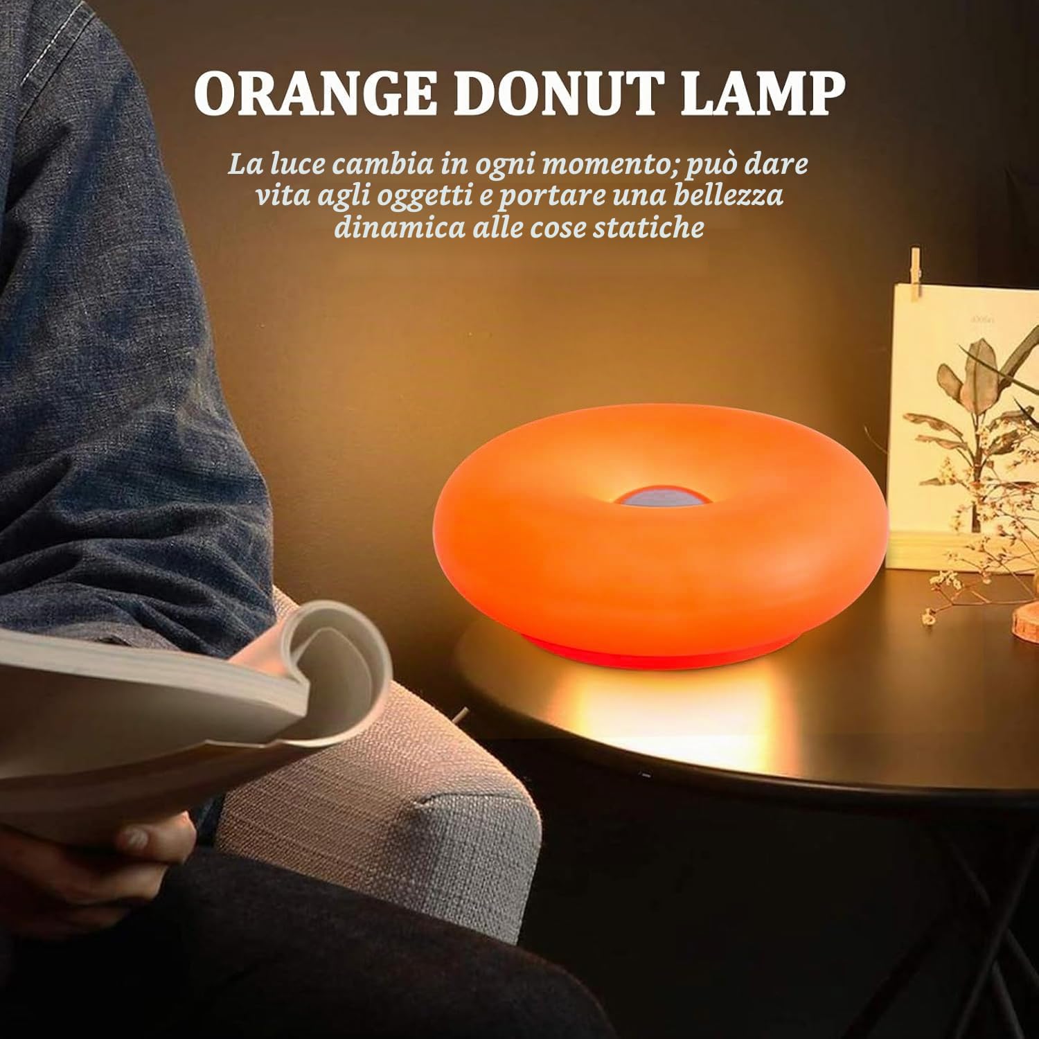 OOWOKS Lampada a ciambella, lampada da tavolo a LED arancione a forma di ciambella, senza fili, ricaricabile, dimmerabile al tocco, 3 temperature di colore, lampada da comodino retrò, luci notturne