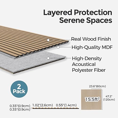 Miniatura 5 de AKUMAX Paquete de 2 paneles acústicos grandes de 96 x 24 pulgadas, paneles de pared 3D de madera, paneles decorativos insonorizados (roble clásico)