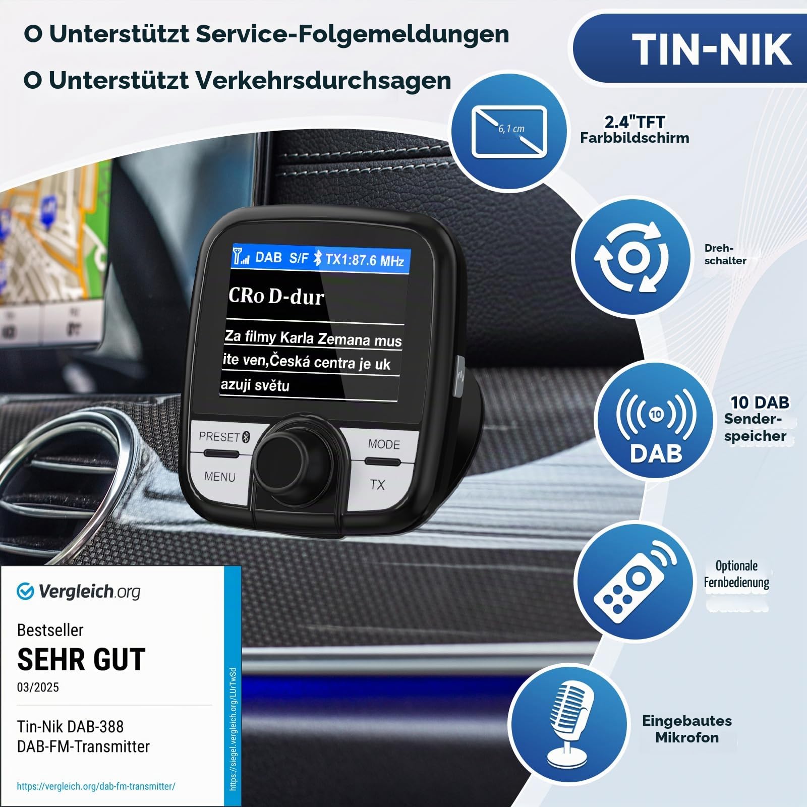Tin-Nik DAB-388 DAB Adapter für Autoradio, FM-Transmitter für DAB+ Sender und Bluetooth-Verbindung vom Smartphone zum UKW-Radio, Bluetooth- Freisprechen und Musik, 2.4" TFT Farbdisplay, Fernbedienung