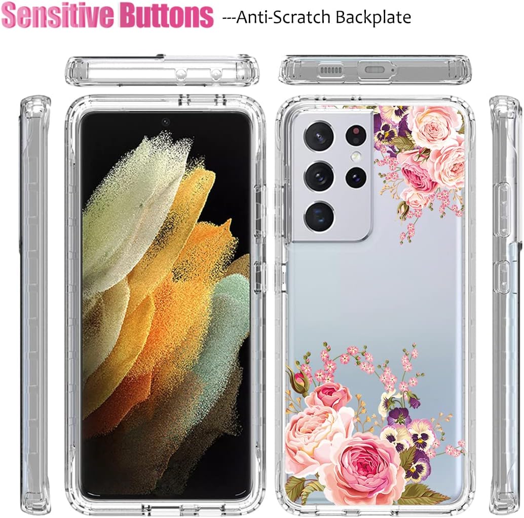 Case for Galaxy S21 Ultra 5G with Tempered Glass Screen Protector, Full Body Clear Floral Protection Phone Cover for Samsung Galaxy S21 Ultra Rose Flower - Image 5