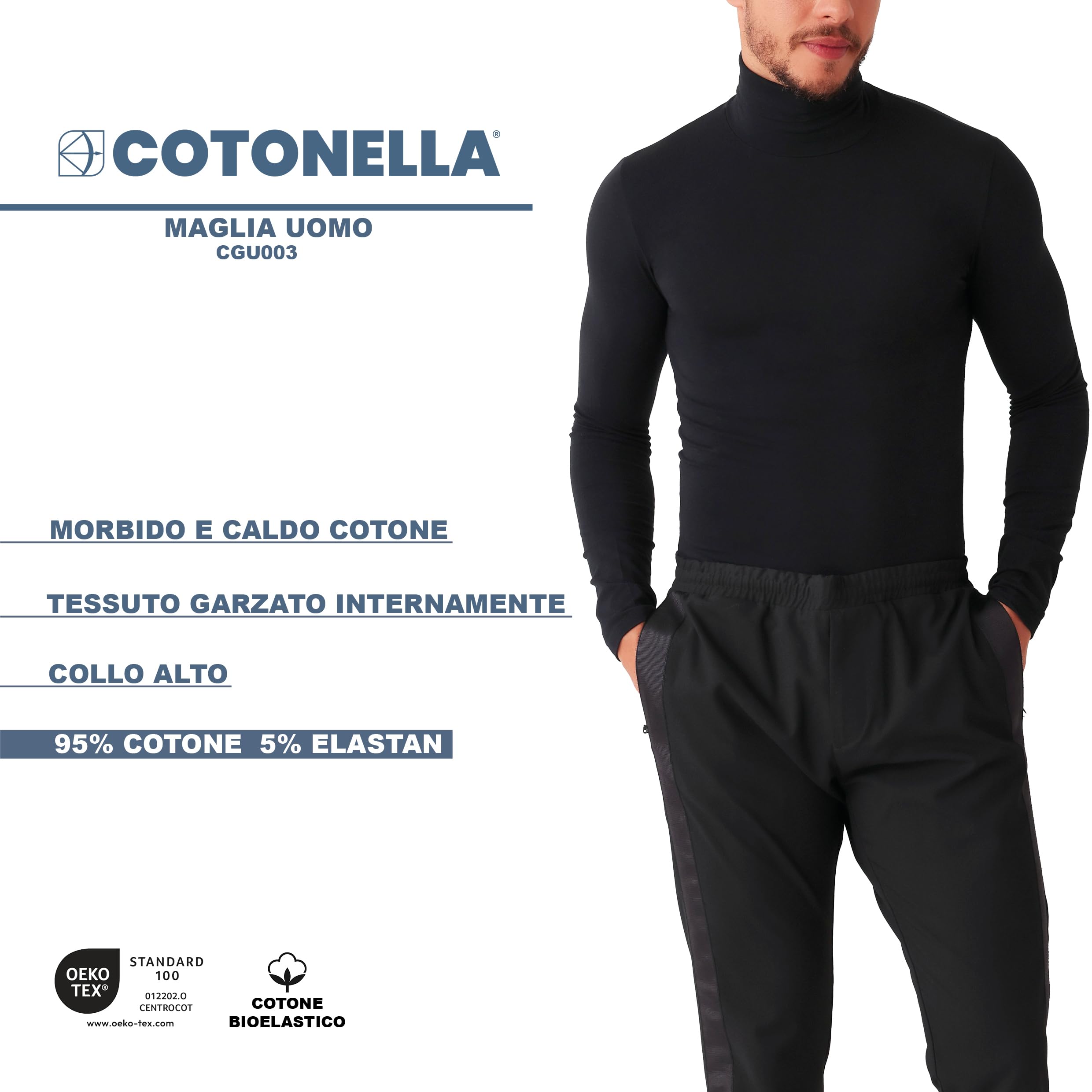 Cotonella, Maglia dolcevita Uomo a manica lunga, in morbido cotone caldo bielastico - art. GU003