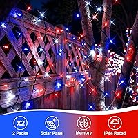 Vista 2 de QITONG Red White and Blue Solar Lights, 2 Pack Each 33ft 100 LED Solar String Light Outdoor Waterproof, 8 Modes Patriotic Lights for Independence