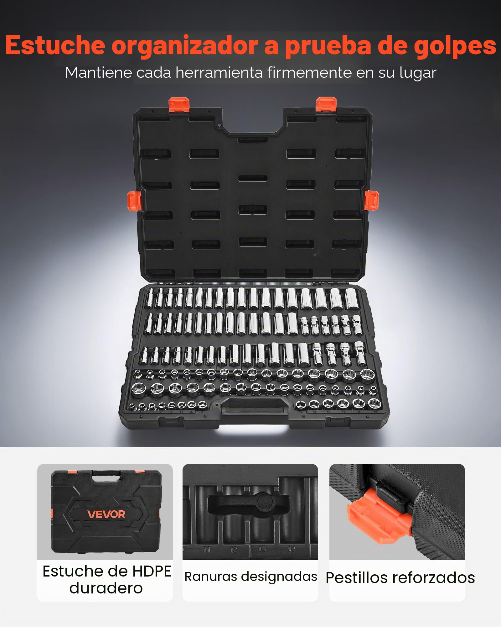VEVOR Juego de Llaves de Vaso, con Accionamiento 9,5 mm, Medidas Métricas 6 a 24 mm, Profundas y Estándar, para Mecánicos con Estuche, Acero de Aleación CR-V Cromado, 535 x 410 x 89 mm, 104 uds