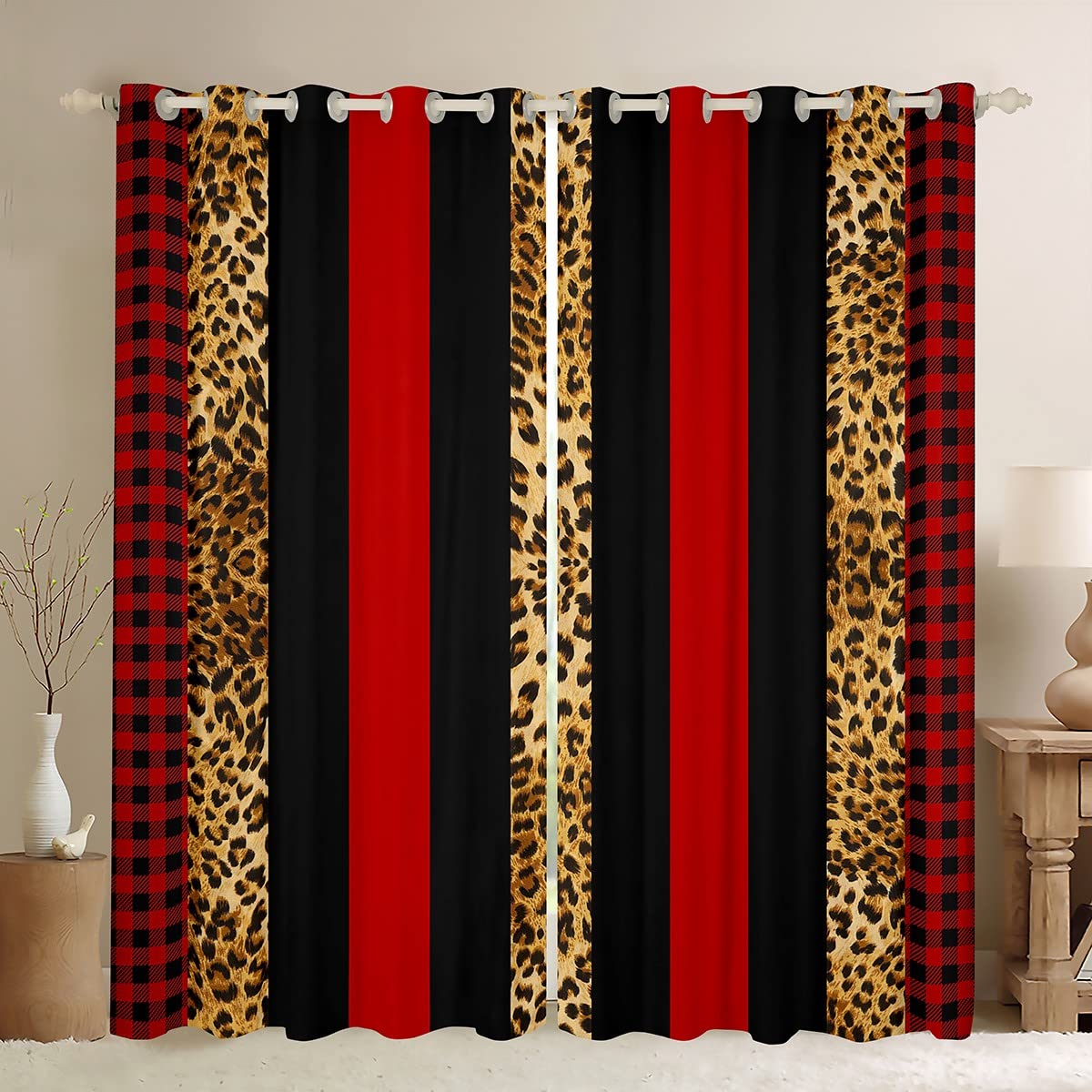 Manfei Leopard Skin Window Curtains Brown Cheetah Print Window Treatments, Red Black Plaid Stripe Print Window Drapes for Kids Boy Girls Grommet Top 2 Panel Set Bedroom Curtains, 42Wx84L inch