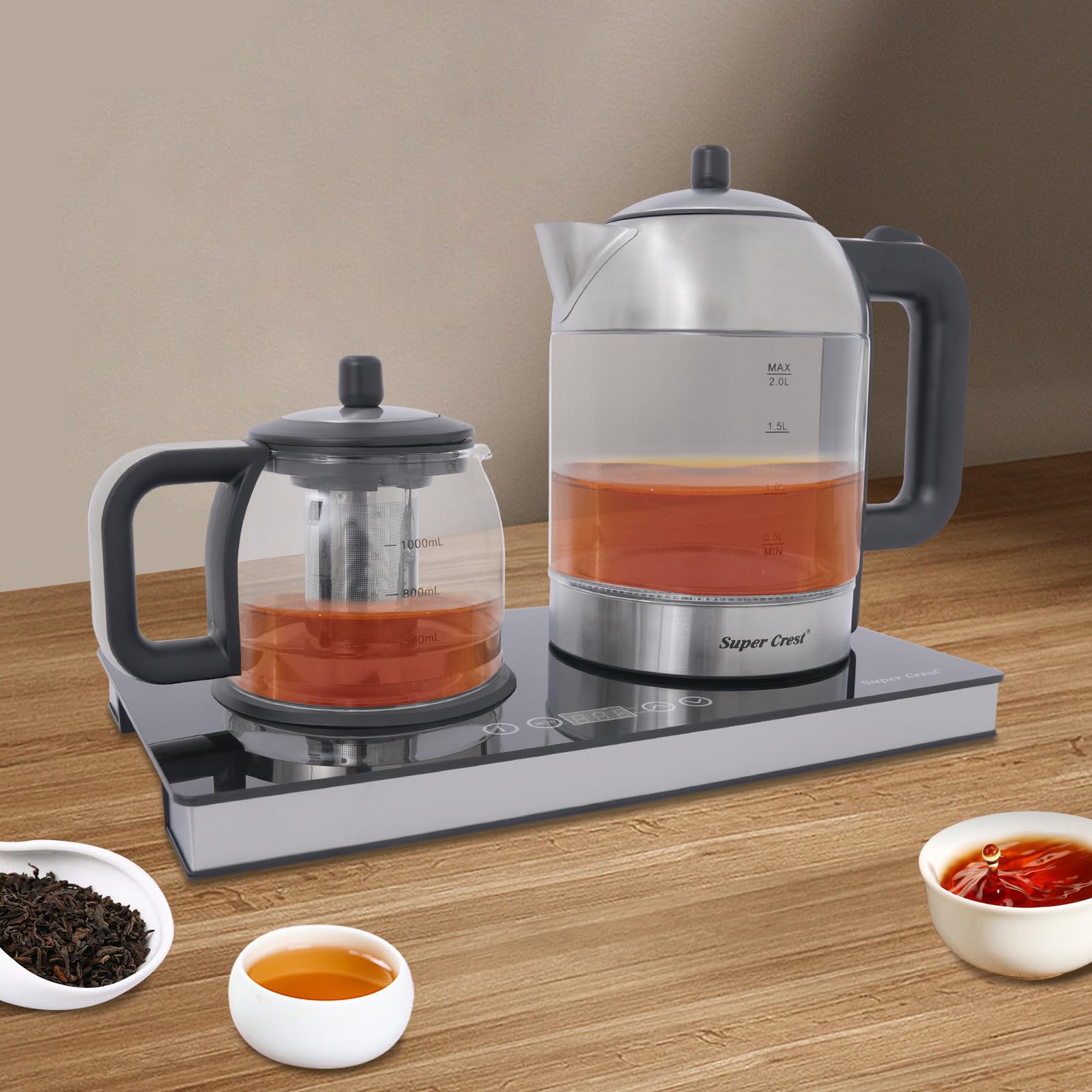 Estación de té y café en uno, base de hervidor de agua con pantalla LCD | Tetera de 2 litros y 1 L con filtro de acero inoxidable, ajuste de temperatura y sensor táctil, estación de té de 1500 W