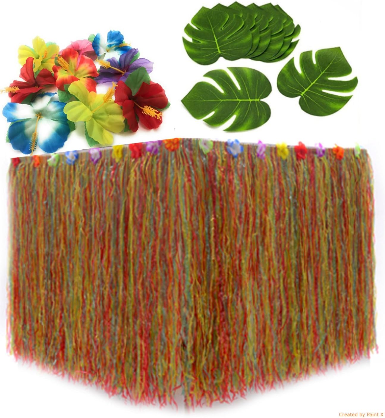 Luau Party Supplies - Hula Grass Table Skirt for Hawaiian Christmas and Moana Birthday Theme Party Decoration. Tropical Leaves Included! (1, Multicolored)