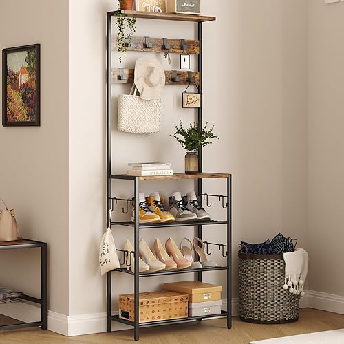 HOMEFORT Perchero con almacenamiento de zapatos, zapatero de 5 niveles y perchero con 9 ganchos para ropa, organizador independiente para árbol de