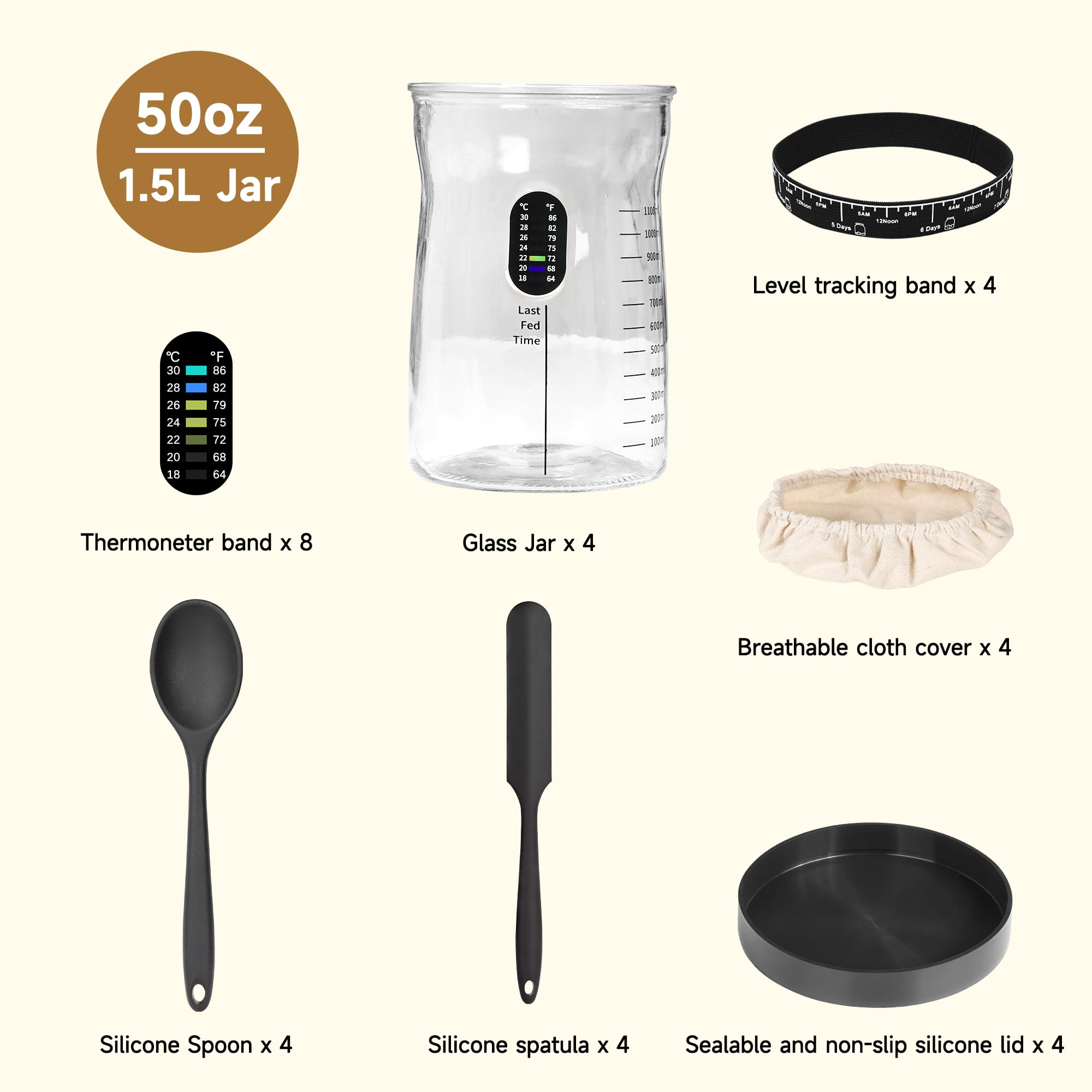 Sauerteig-Starter-Set, 1,5 l, breite Bohrung und großes Fassungsvermögen, Sauerteig-Starterglas, perfektes Sauerteig-Brot-Backzubehör, Backgeschenke (4 Gläser)
