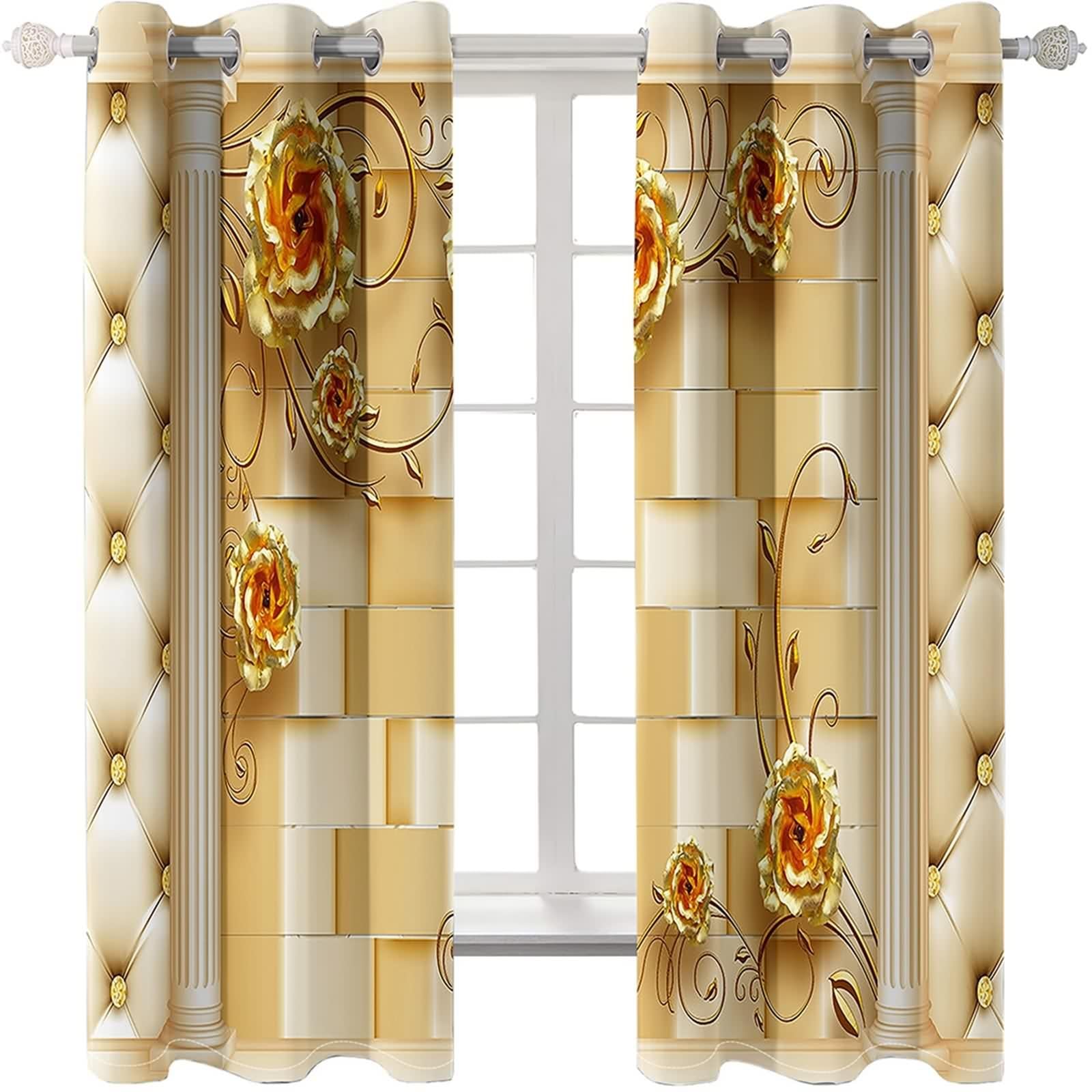 Rideau Chambre Adulte, Rideau Fenetre Or Jaune Polyester Toile de Fond 3D avec des Fleurs 244L x 274H CM Lot de 2