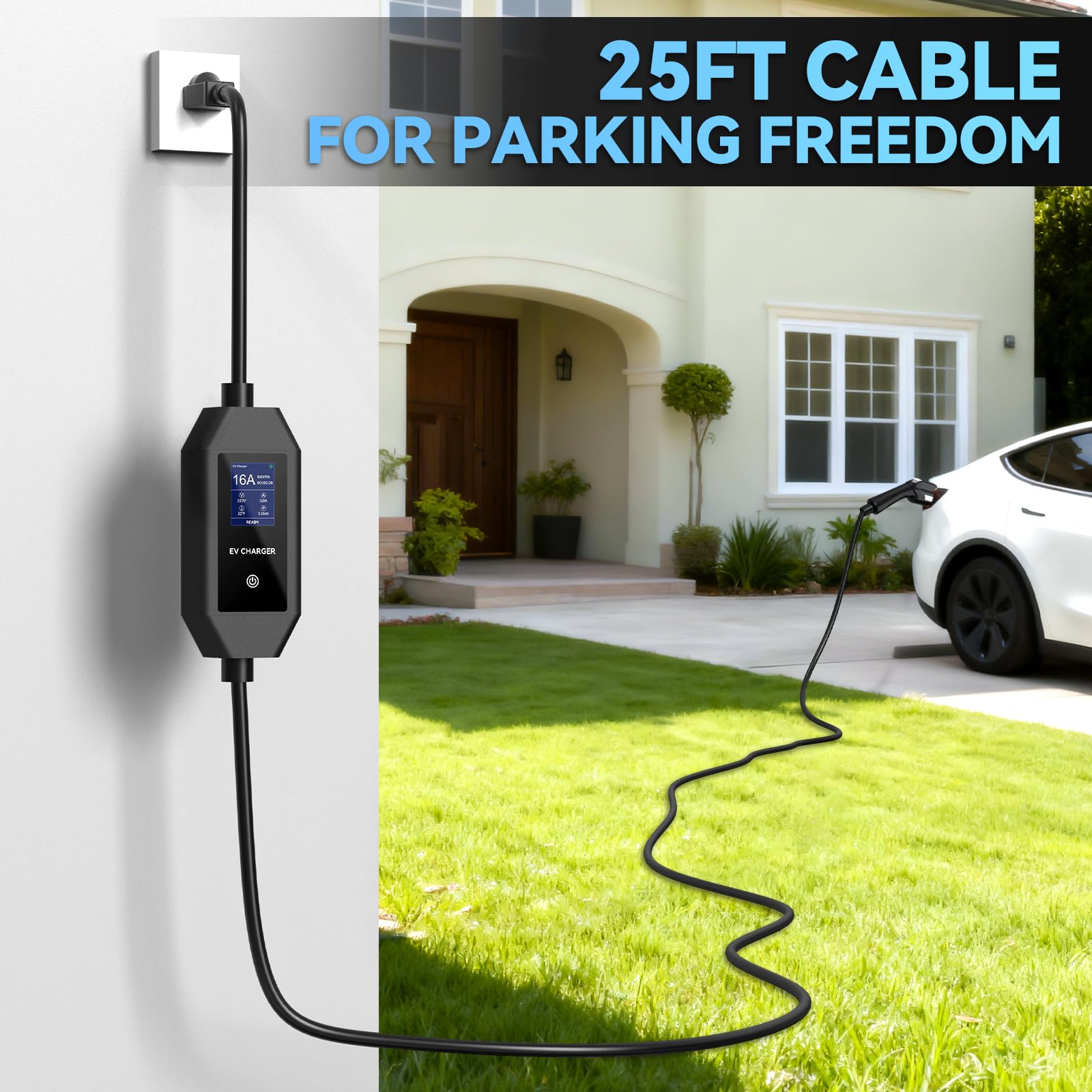 Level 1/2 Portable EV Charger, J1772 Charger Compatible with All EVs, 16 Amp 110V-240V, 25ft Cable, NEMA 6-20 Plug & NEMA 5-15 Adapter