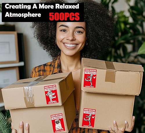 Miniatura 4 de Divertidas calcomanías frágiles de 3x2 pulgadas, 500 etiquetas - Diseño de momia y perro para envío, mudanza, vidrio, adhesivo permanente (1 rollo)