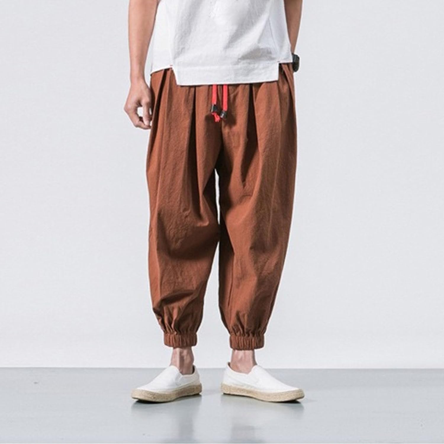 Mens Solid Color Loose Cotton Linen Lantern Pants Loose Boho Beach Drop Crotch Trouser Hip Hop Drawstring Yoga Pant