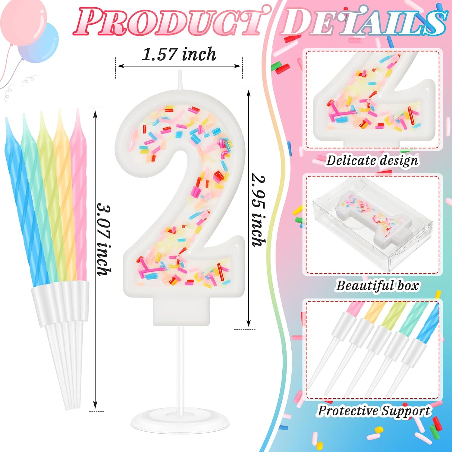MTLEE Number 2 Happy Birthday Candle with Sprinkles 3D Number Cake Topper with 10 Long Thin Rainbow Spiral Candles for Girls Women Anniversary Wedding Birthday Party Decor image 2