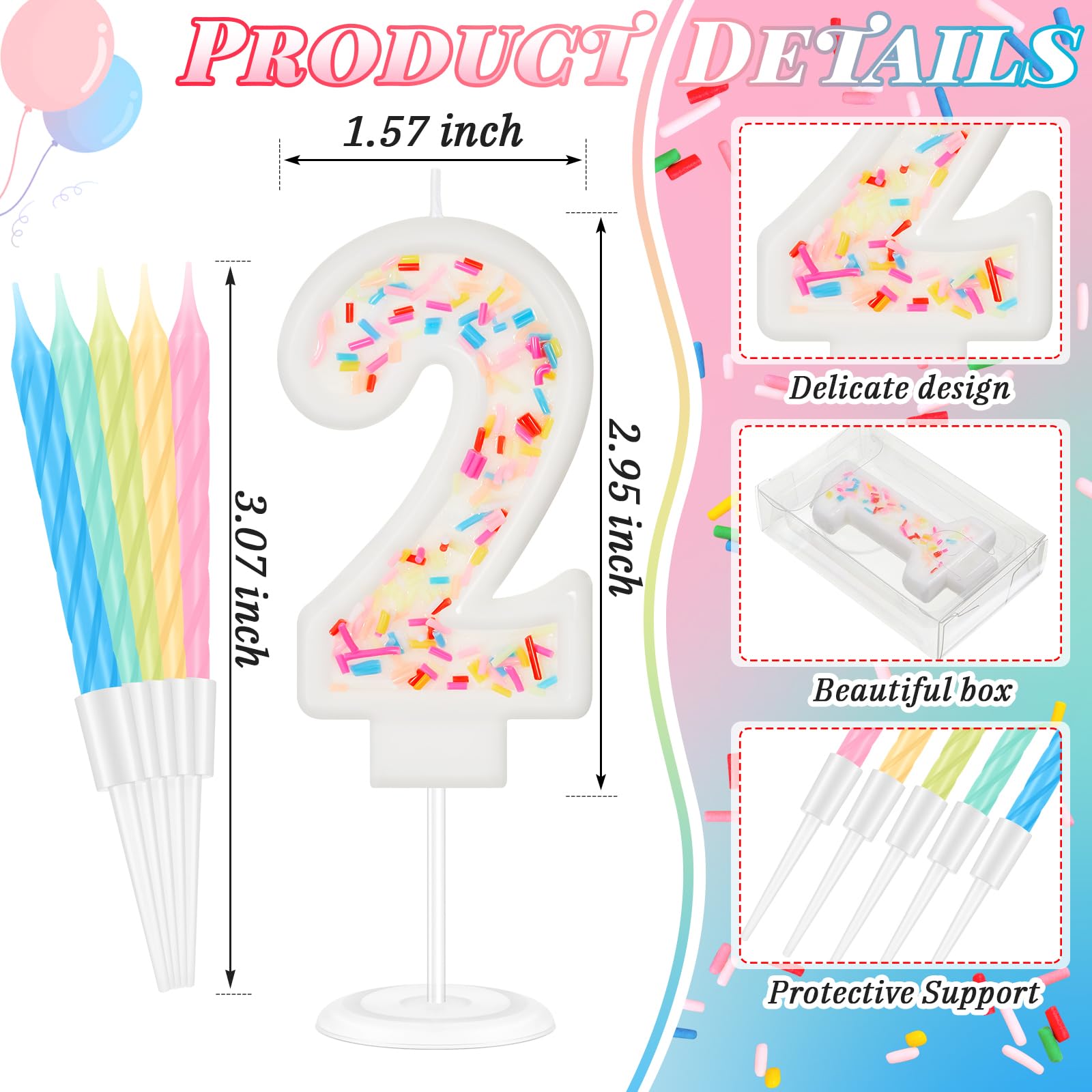MTLEE Number 2 Happy Birthday Candle with Sprinkles 3D Number Cake Topper with 10 Long Thin Rainbow Spiral Candles for Girls Women Anniversary Wedding Birthday Party Decor