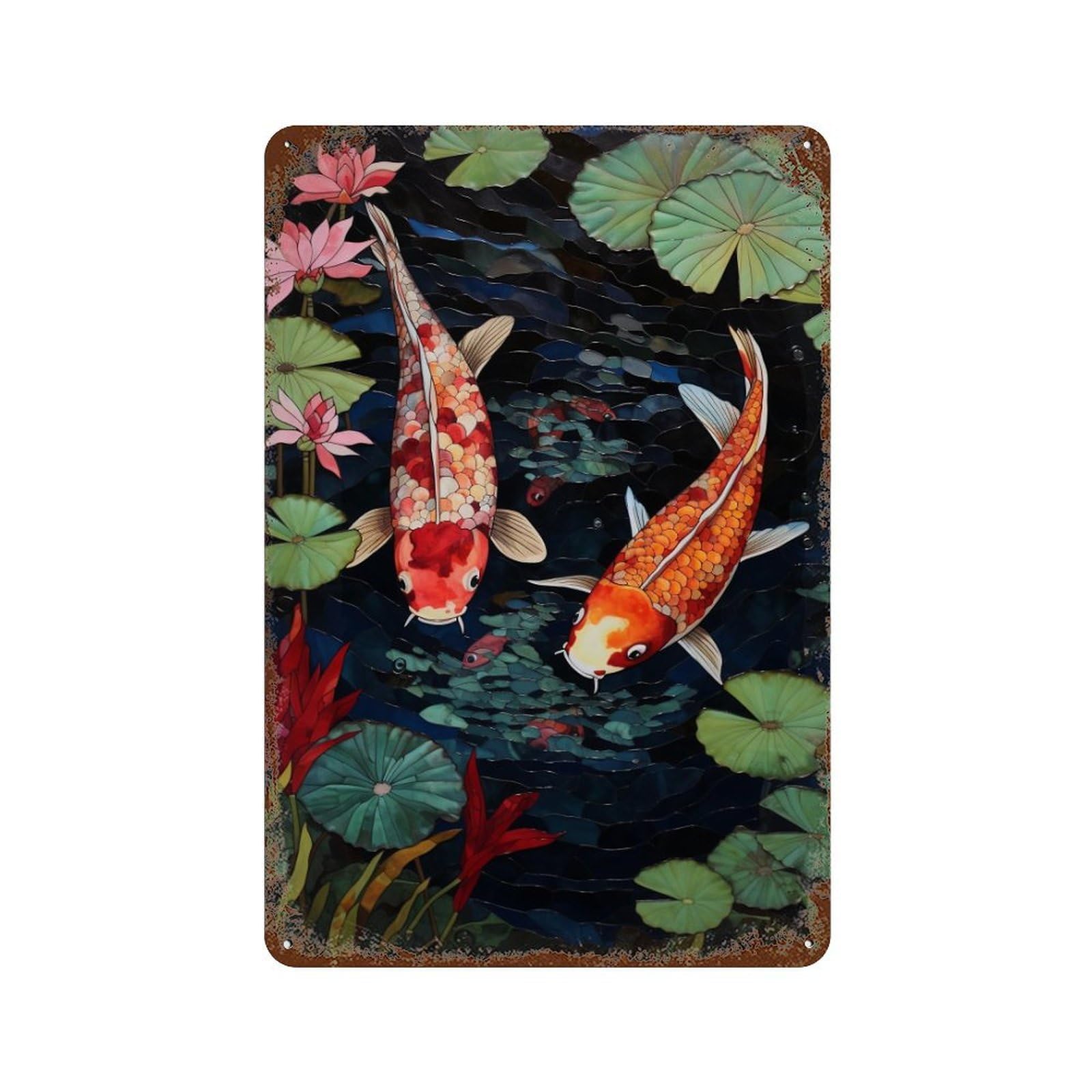 Rust Effect Koi Fish Pond Mosaic Art Rusty Metal Tin Sign 11.8"x7.9", Farmhouse Wall Decor for Cafe, Home Bar And Lounge Decor