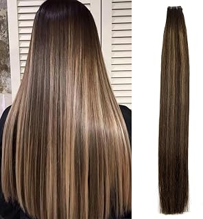 Highlight&balayage Genius Weft Hair Extension Natural Human Hair,Balayage Dark Brown To Middle Brown Straight Remy Quality Double Drawn Extension for Women