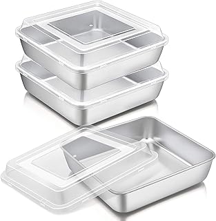Square Baking Cake Pan with Lid, Stainless Steel Lasagna Brownie Pan and Plastic Cover for Picnic Wedding Birthday, Healthy & Sturdy, Oven & Dishwasher Safe, (8 Inch, 6Pcs)