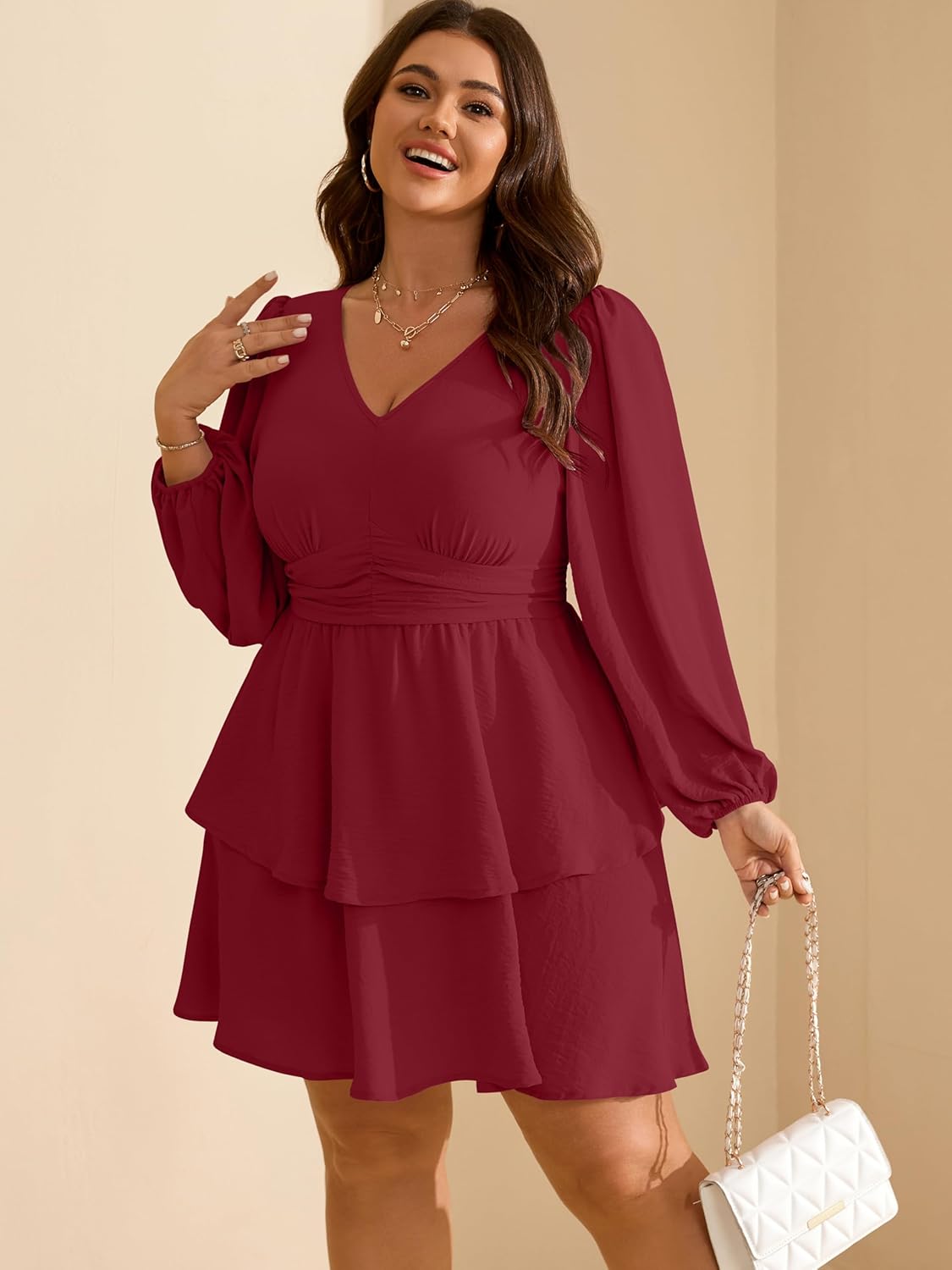 RWJ Plus Size Dresses for Curvy Women V Neck Long Sleeve Elastic Waist Fall Wedding Guest Layer Casual Mini Dress - Image 6